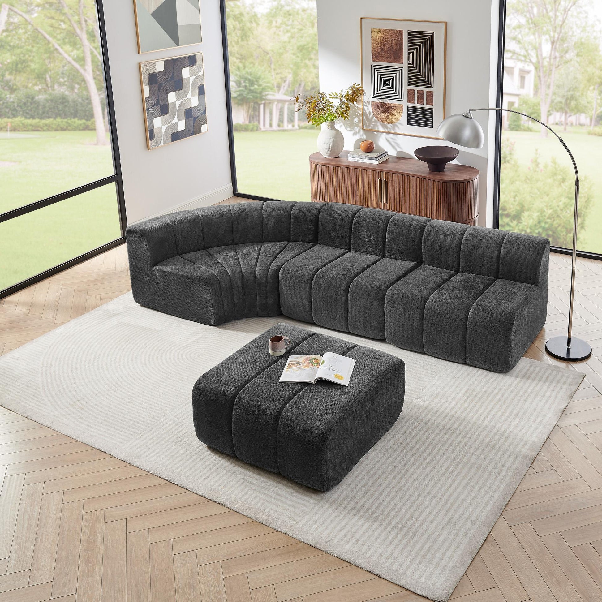 Chenille Compression Sofa — 4-Seat, 116"W — Black