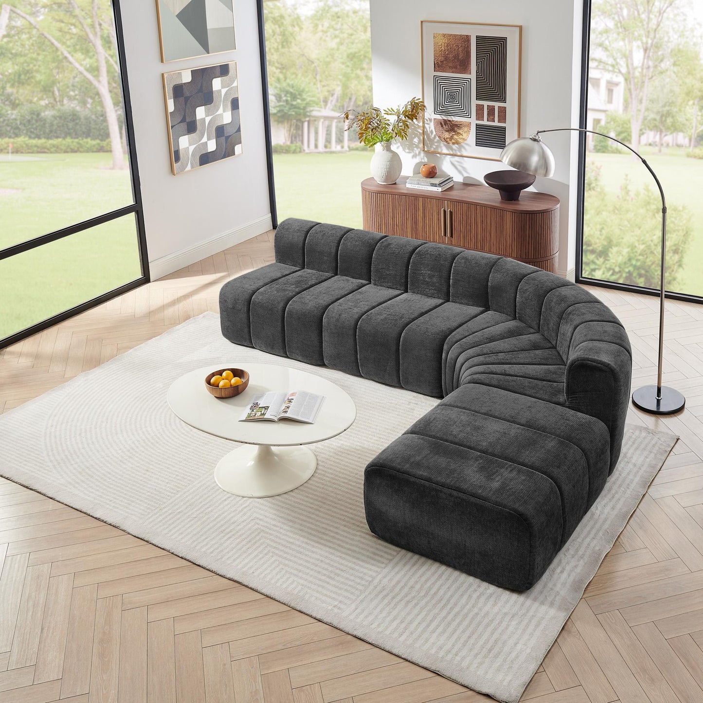 Chenille Compression Sofa — 4-Seat, 116"W — Black