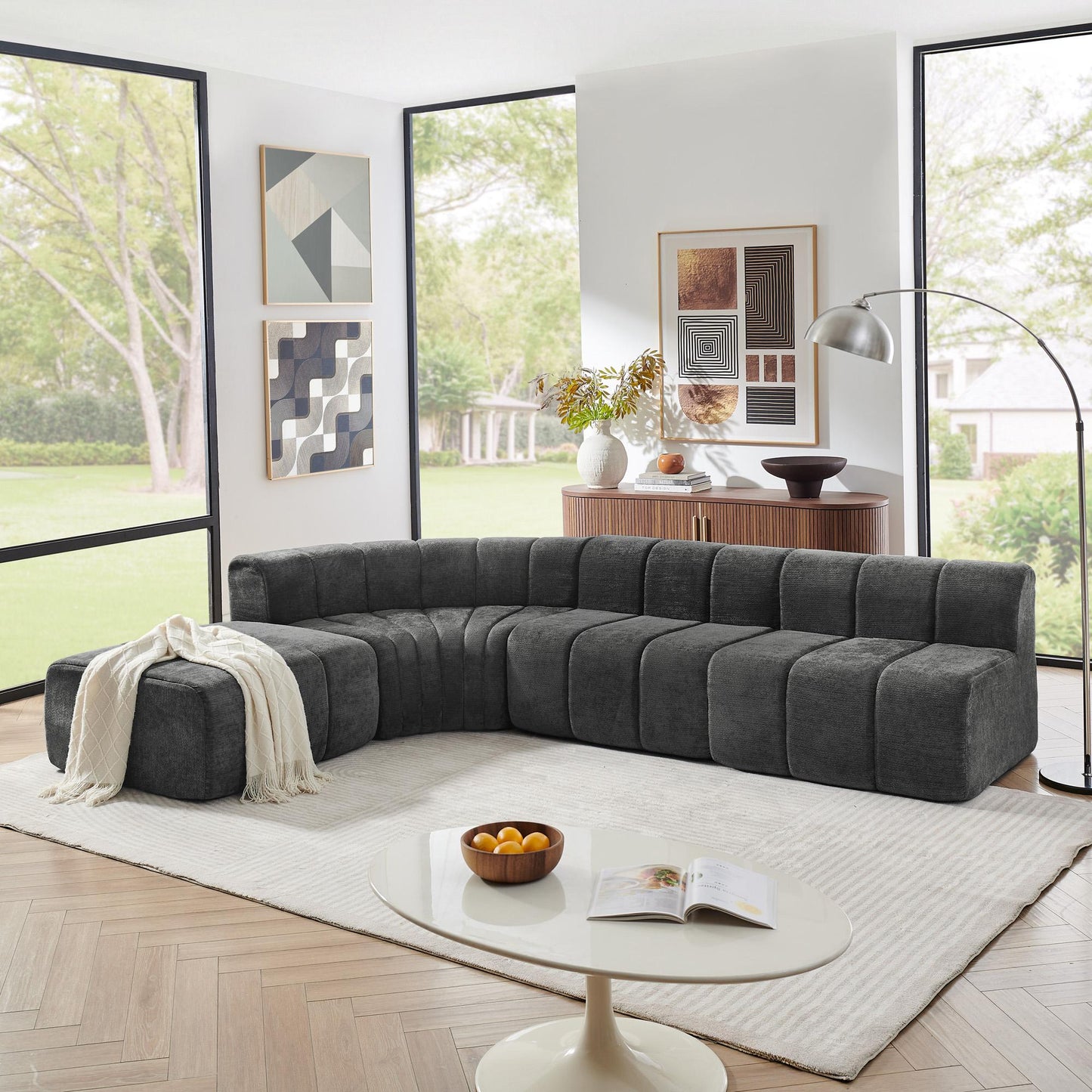 Chenille Compression Sofa — 4-Seat, 116"W — Black