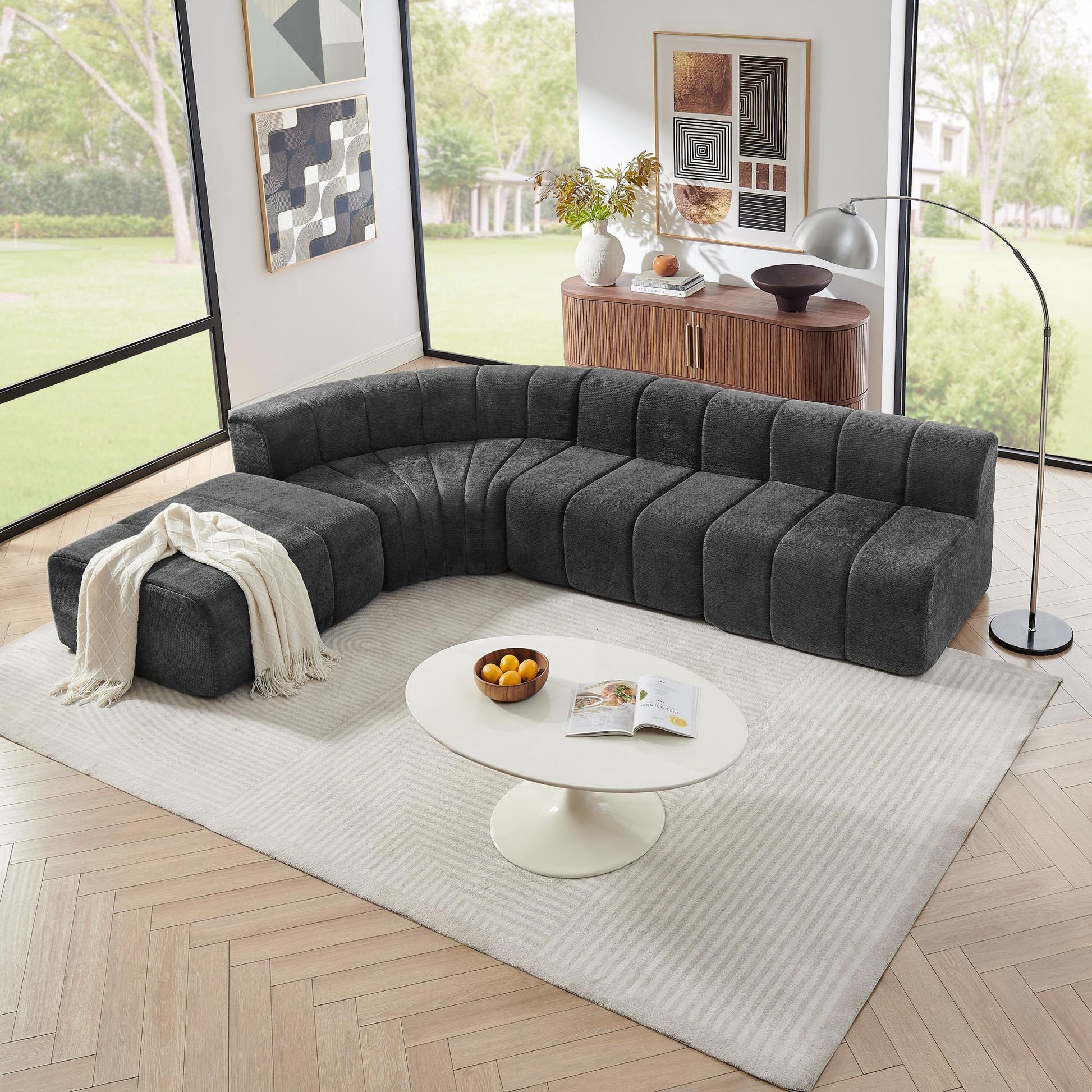 Chenille Compression Sofa — 4-Seat, 116"W — Black