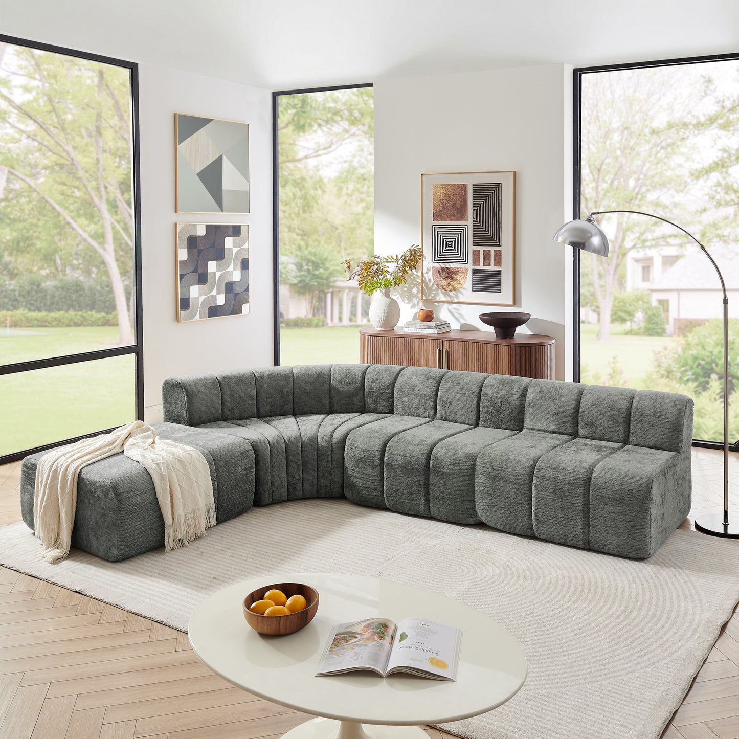 Chenille Compression Sofa — 4-Seat, 116"W — Dark Gray