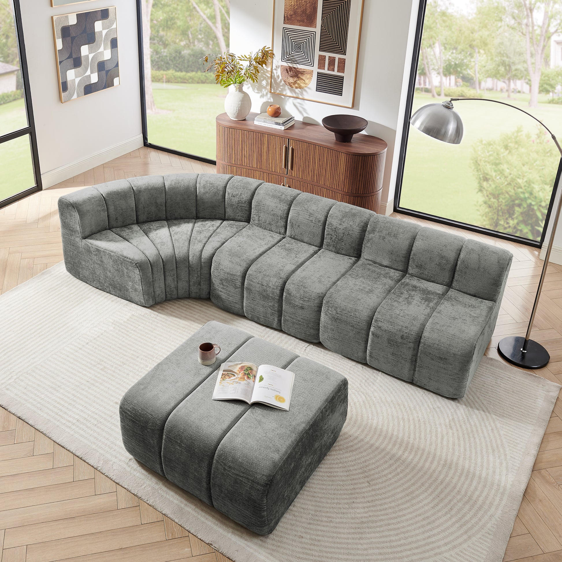 Chenille Compression Sofa — 4-Seat, 116"W — Dark Gray