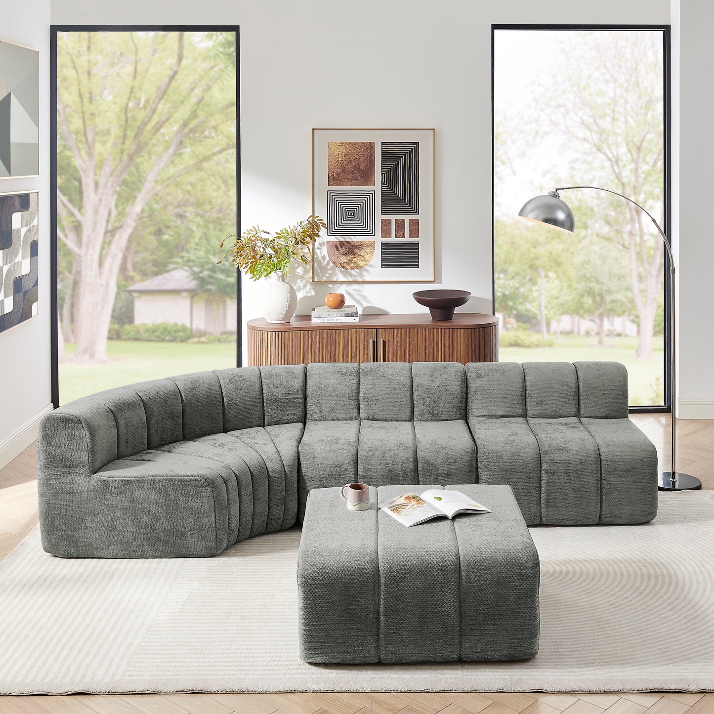 Chenille Compression Sofa — 4-Seat, 116"W — Dark Gray