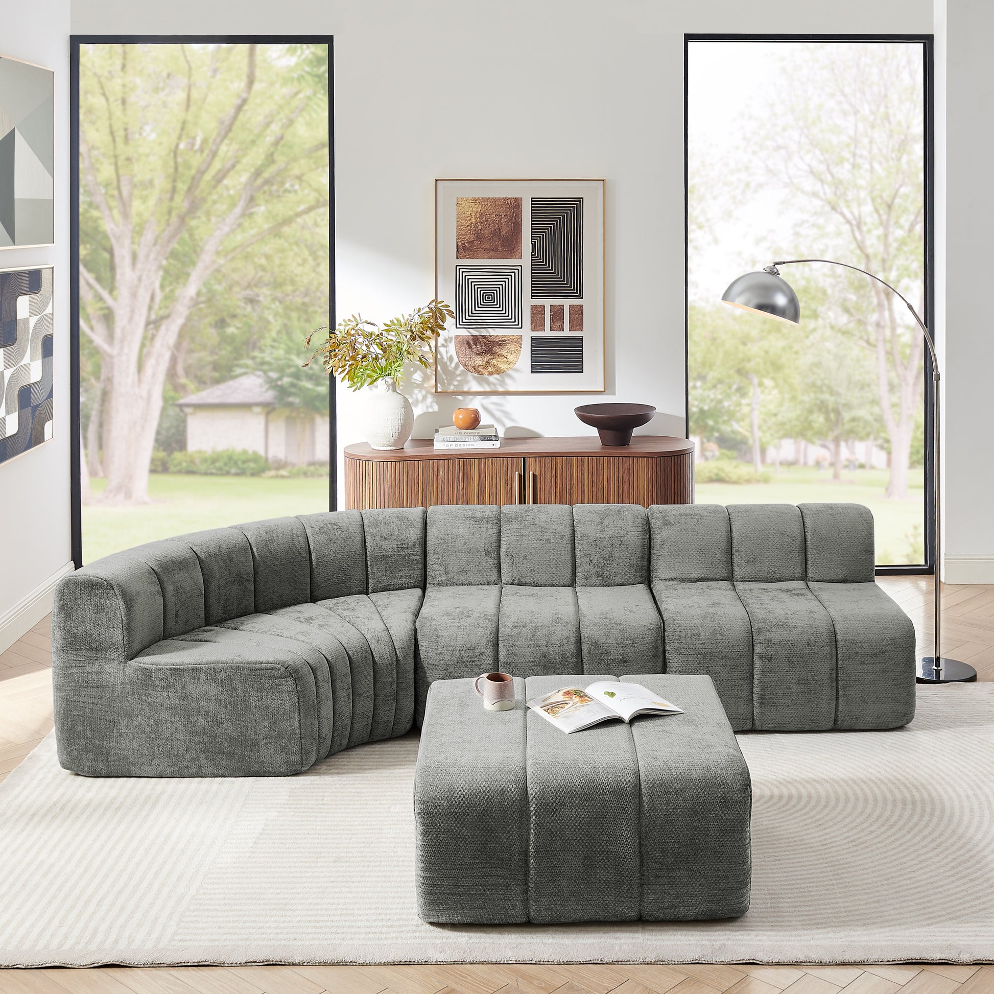 Chenille Compression Sofa — 4-Seat, 116"W — Dark Gray