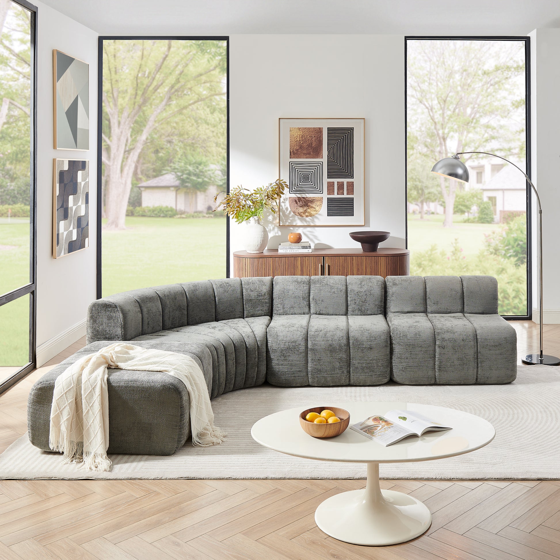 Chenille Compression Sofa — 4-Seat, 116"W — Dark Gray
