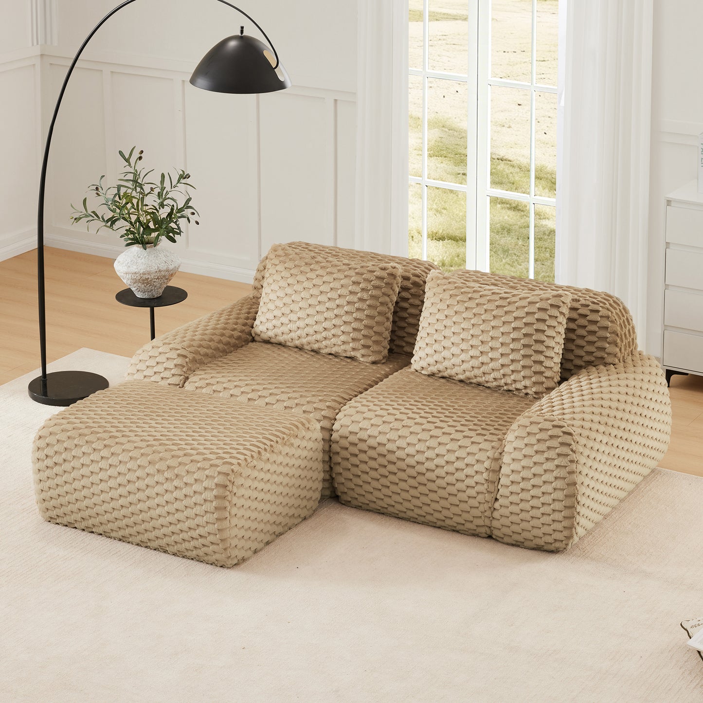 Flannelette Compression Sectional — 2/3/4-Seat — Light Camel / 2-Seat + 1 Ottoman