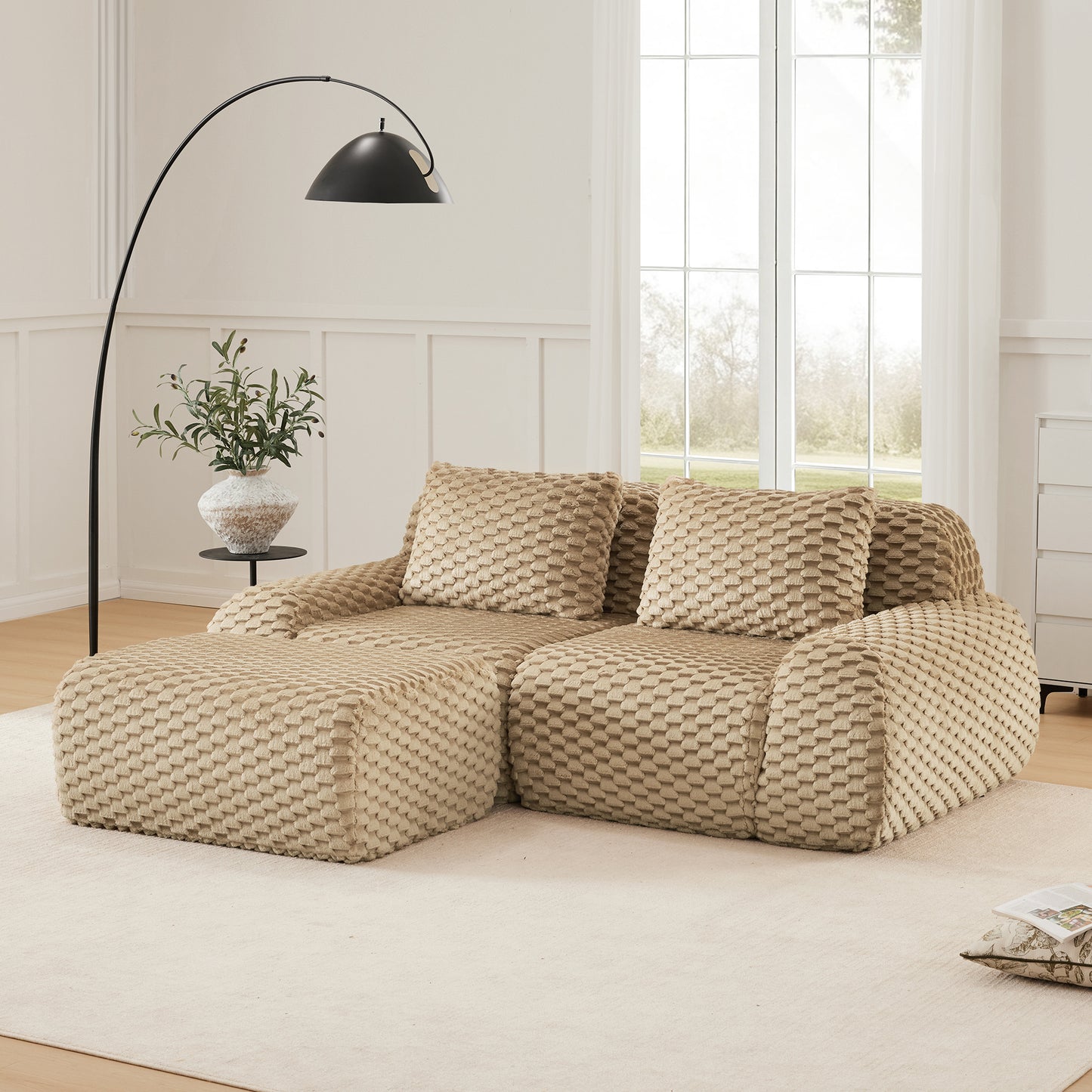 Flannelette Compression Sectional — 2/3/4-Seat — Light Camel / 2-Seat + 1 Ottoman