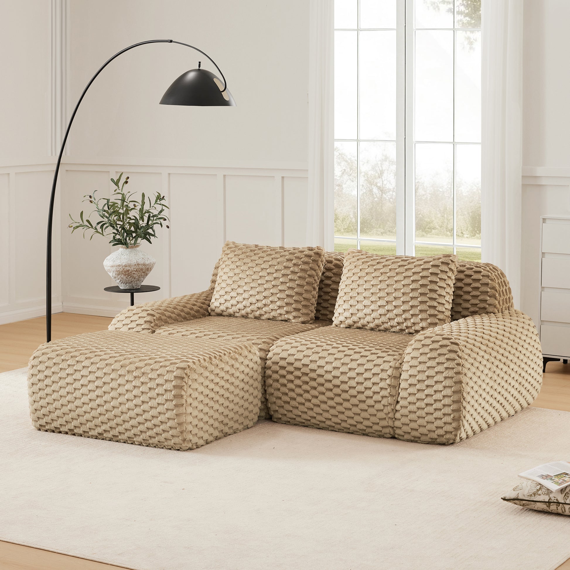 Flannelette Compression Sectional — 2/3/4-Seat — Light Camel / 2-Seat + 1 Ottoman