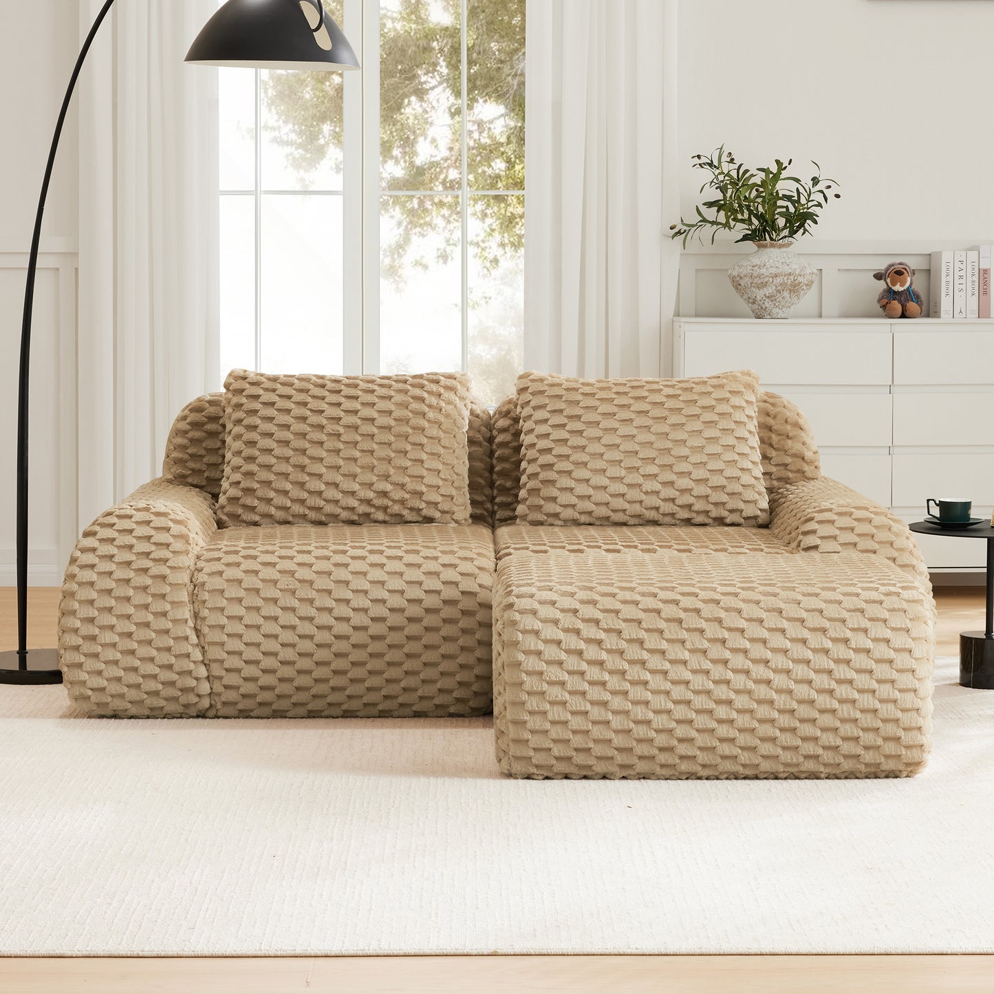 Flannelette Compression Sectional — 2/3/4-Seat — Light Camel / 2-Seat + 1 Ottoman