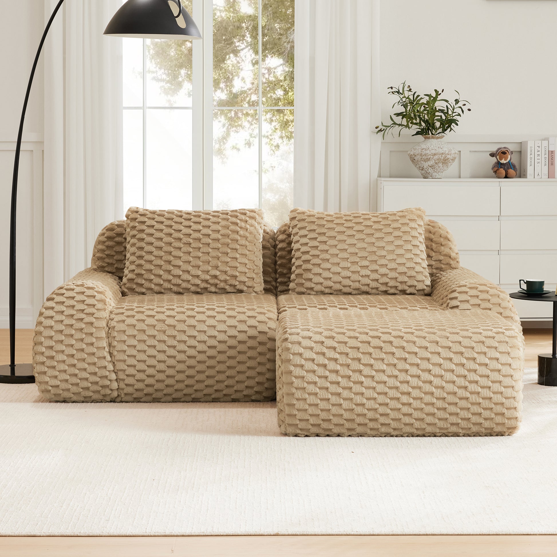 Flannelette Compression Sectional — 2/3/4-Seat — Light Camel / 2-Seat + 1 Ottoman