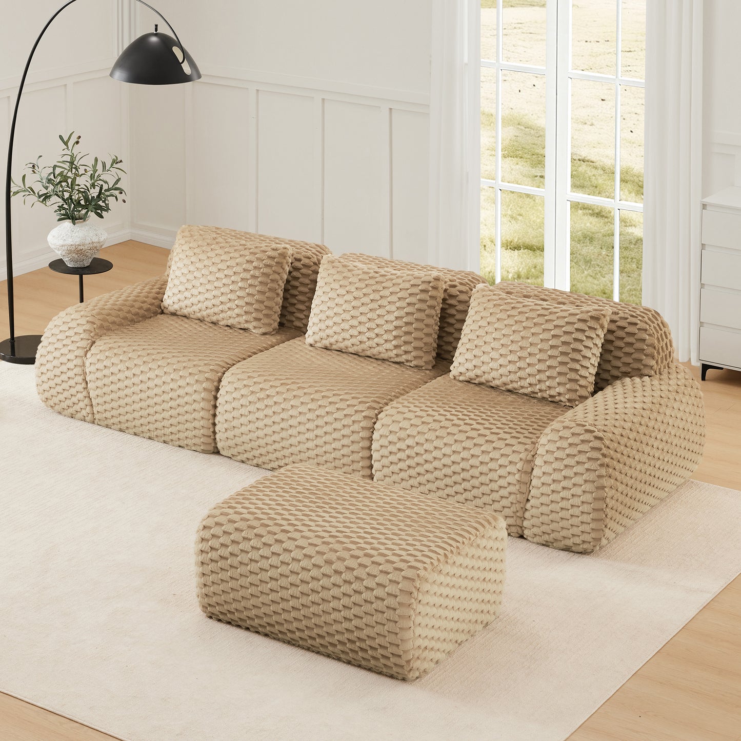 Flannelette Compression Sectional — 2/3/4-Seat — Light Camel / 3-Seat + 1 Ottoman