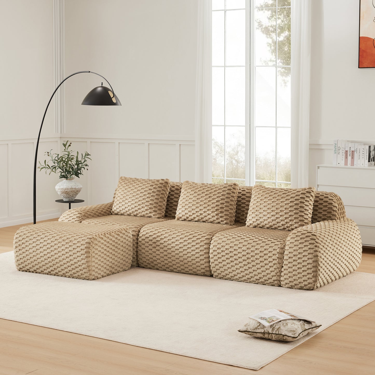 Flannelette Compression Sectional — 2/3/4-Seat — Light Camel / 3-Seat + 1 Ottoman