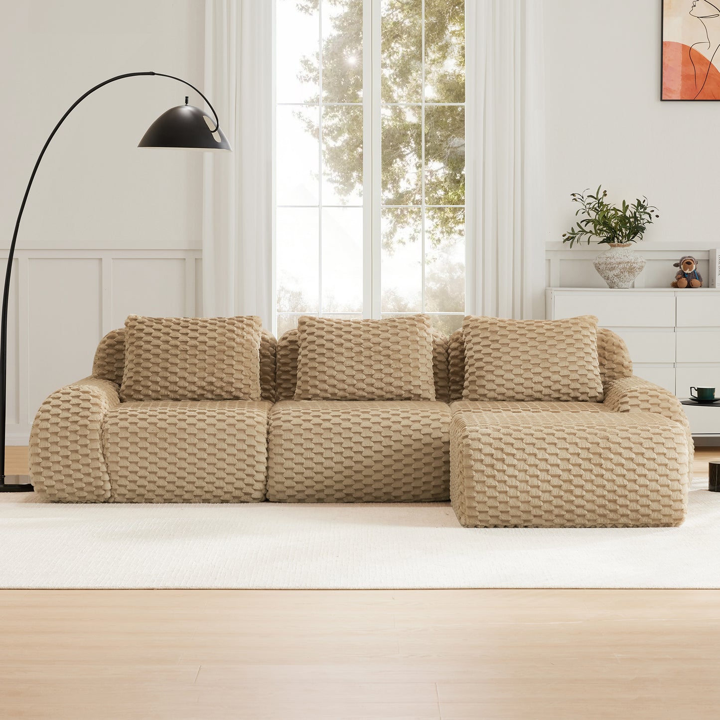 Flannelette Compression Sectional — 2/3/4-Seat — Light Camel / 3-Seat + 1 Ottoman