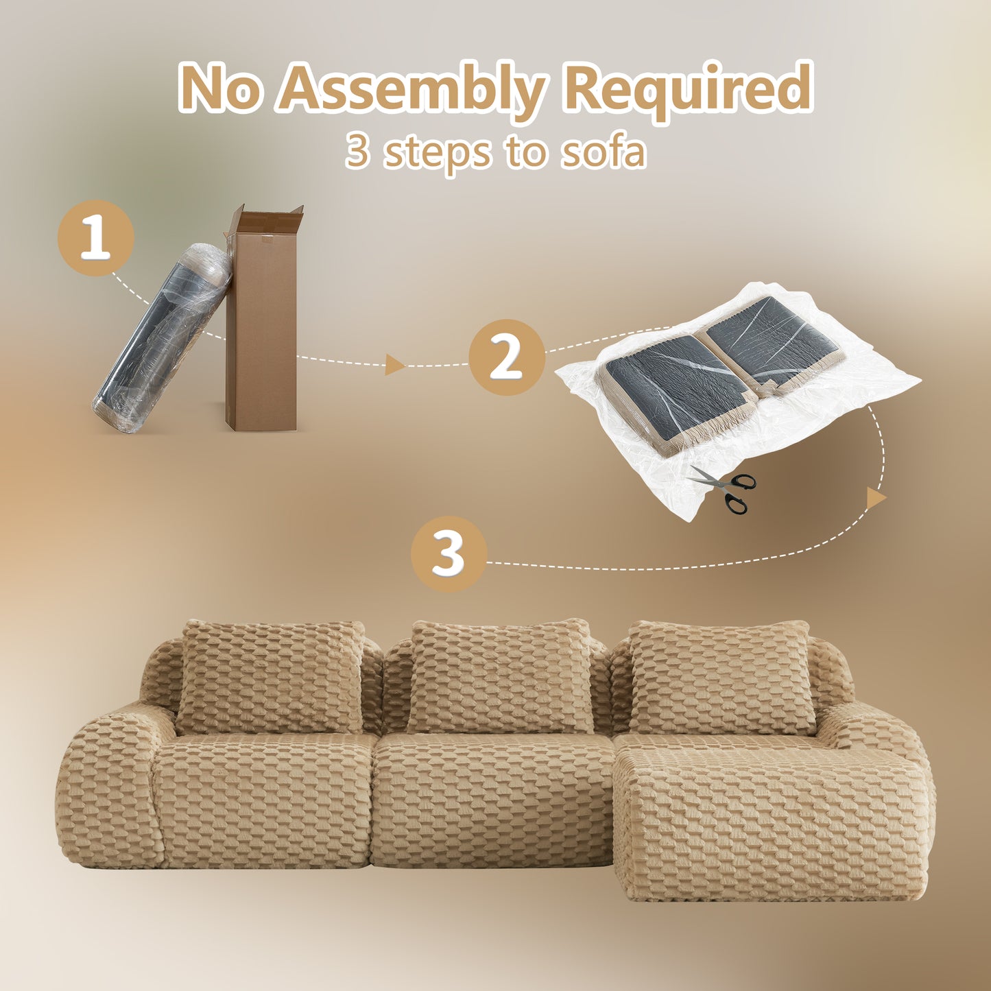 Flannelette Compression Sectional — 2/3/4-Seat — Light Camel / 3-Seat + 1 Ottoman