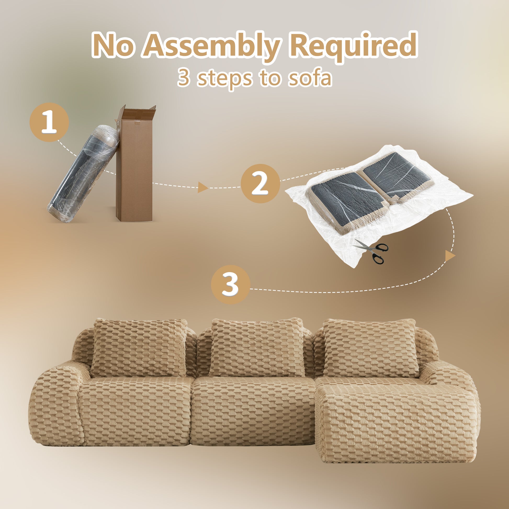 Flannelette Compression Sectional — 2/3/4-Seat — Light Camel / 3-Seat + 1 Ottoman