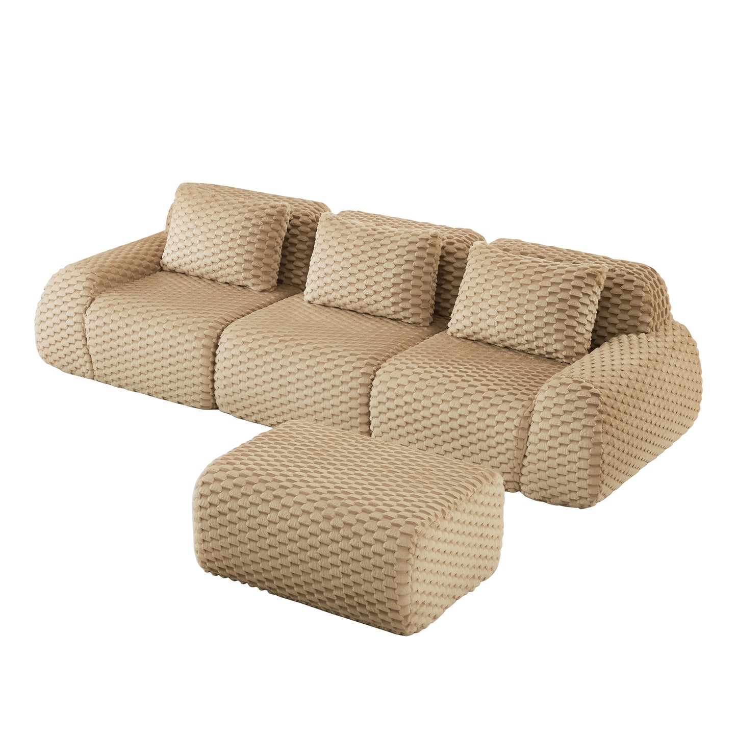 Flannelette Compression Sectional — 2/3/4-Seat — Light Camel / 3-Seat + 1 Ottoman