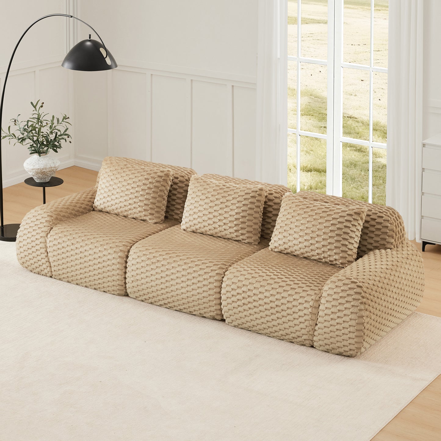 Flannelette Compression Sectional — 2/3/4-Seat — Light Camel / 3-Seat