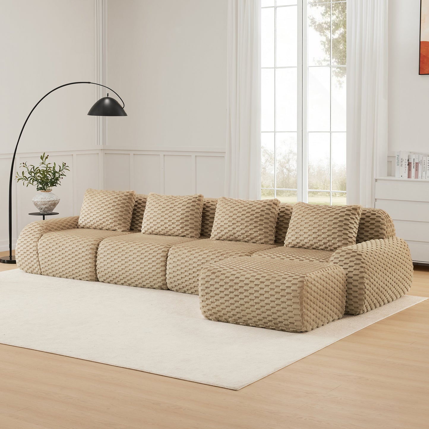 Flannelette Compression Sectional — 2/3/4-Seat — Light Camel / 4-Seat + 1 Ottoman