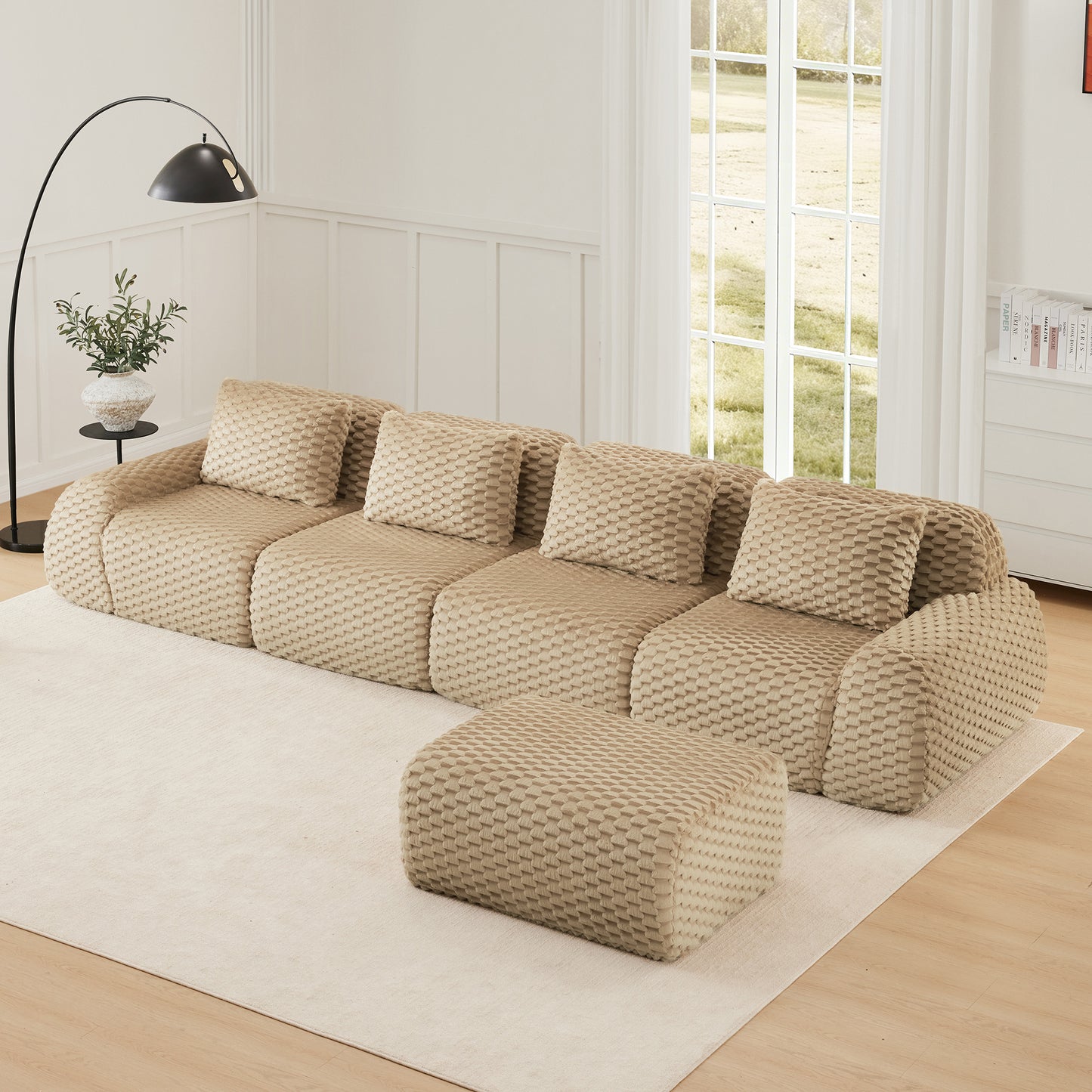 Flannelette Compression Sectional — 2/3/4-Seat — Light Camel / 4-Seat + 1 Ottoman