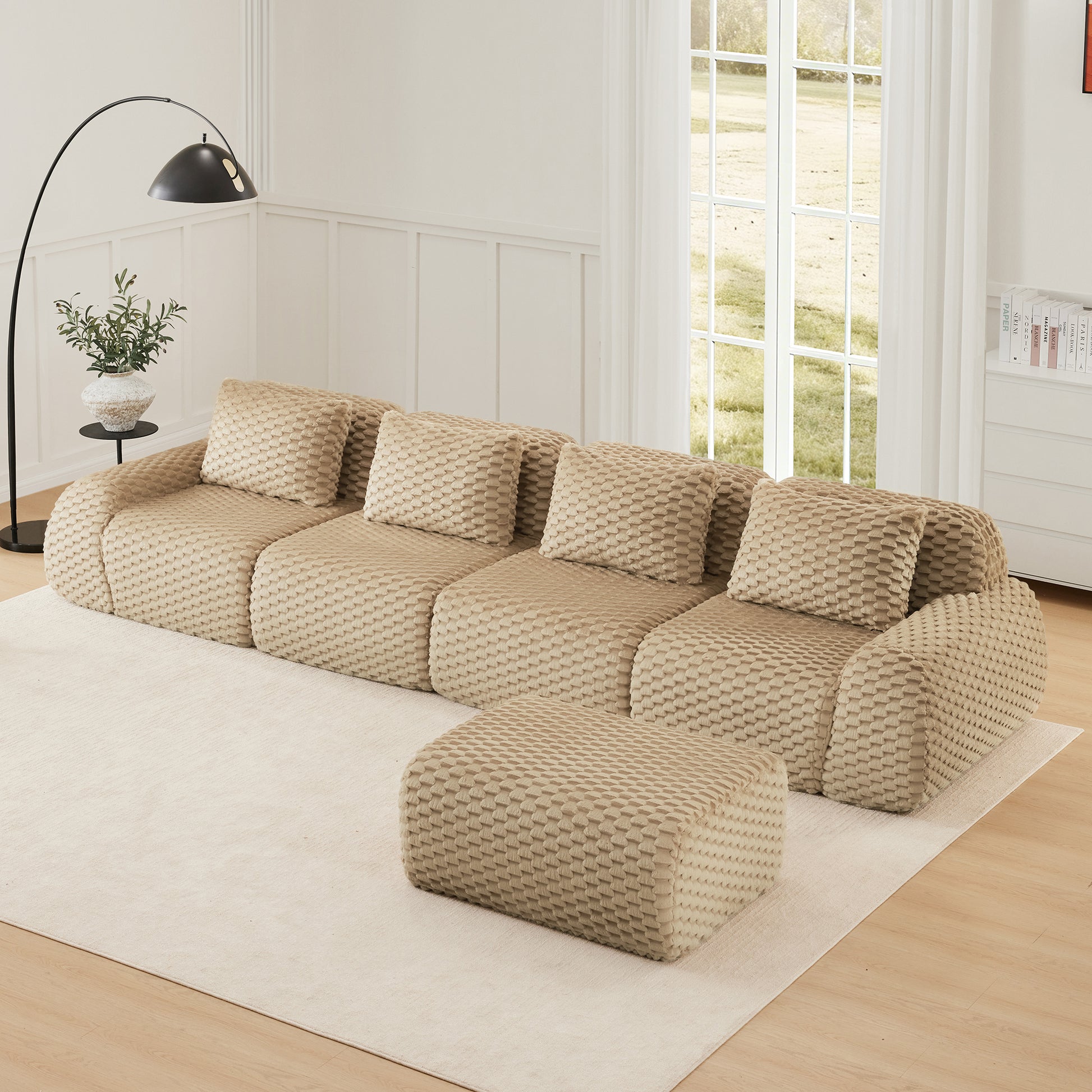 Flannelette Compression Sectional — 2/3/4-Seat — Light Camel / 4-Seat + 1 Ottoman