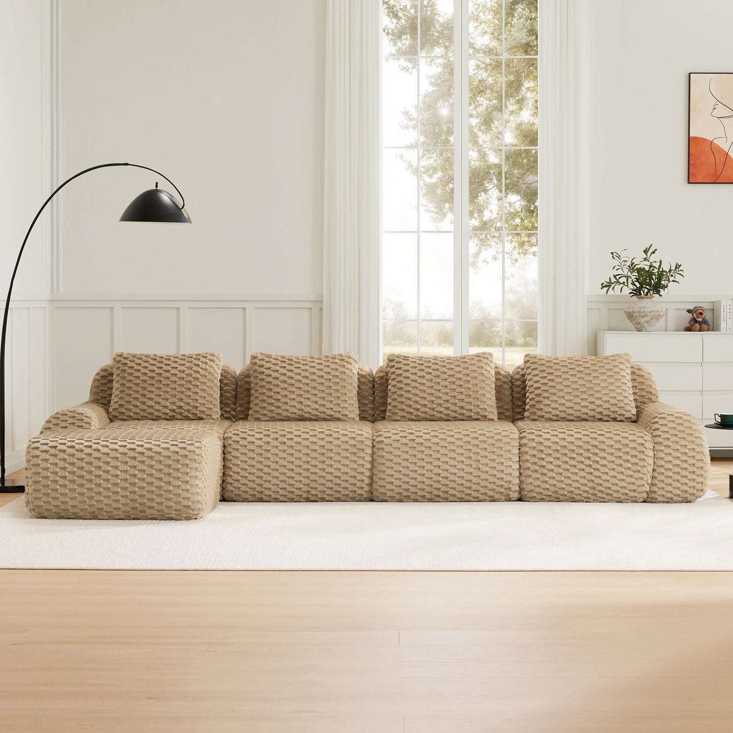Flannelette Compression Sectional — 2/3/4-Seat — Light Camel / 4-Seat + 1 Ottoman