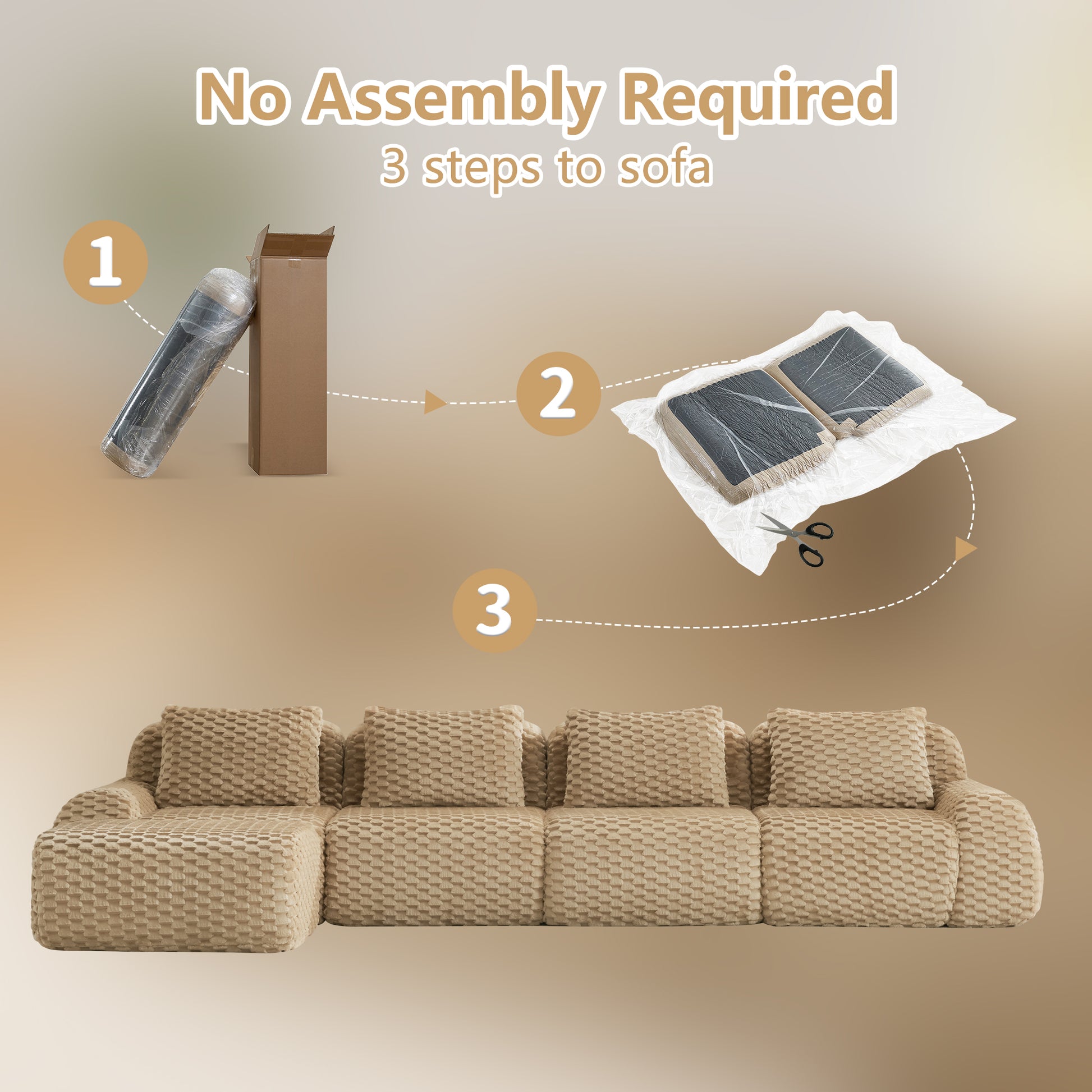 Flannelette Compression Sectional — 2/3/4-Seat — Light Camel / 4-Seat + 1 Ottoman