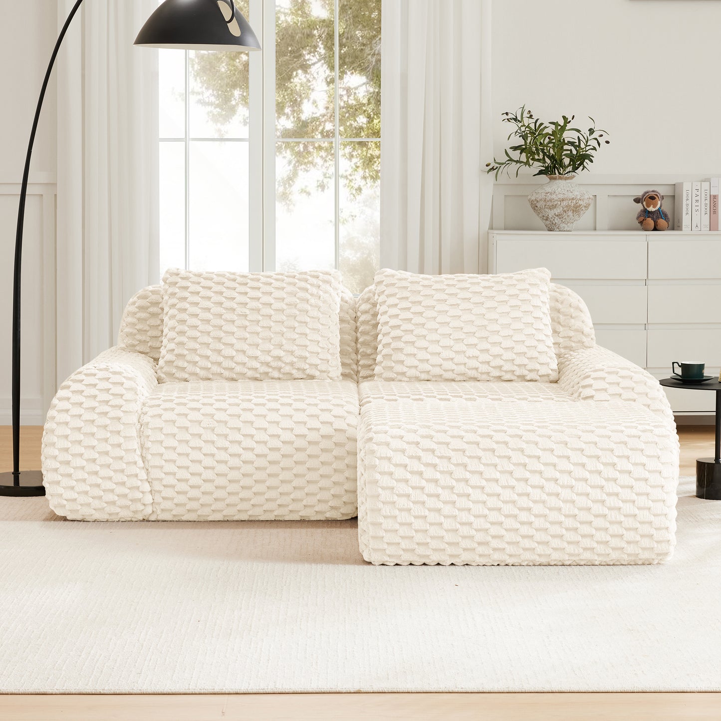 Flannelette Compression Sectional — 2/3/4-Seat — Cream / 2-Seat + 1 Ottoman