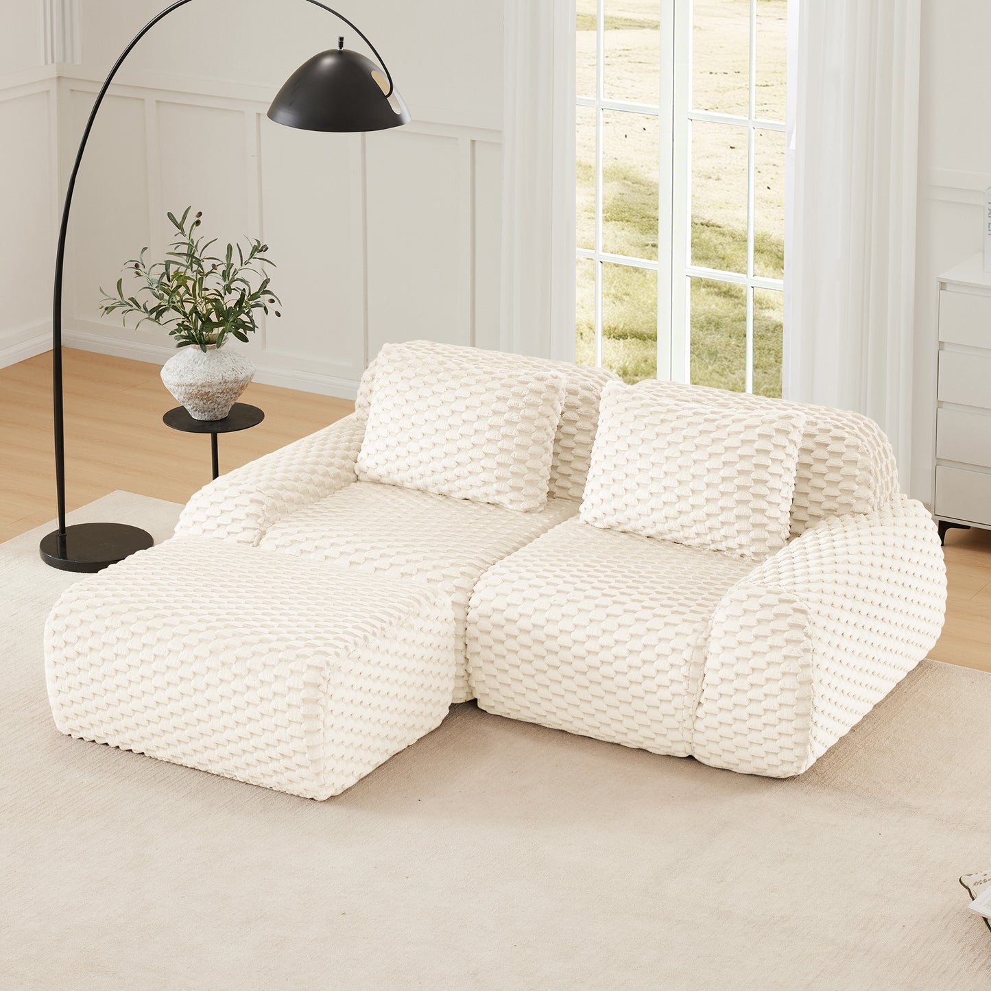Flannelette Compression Sectional — 2/3/4-Seat — Cream / 2-Seat + 1 Ottoman
