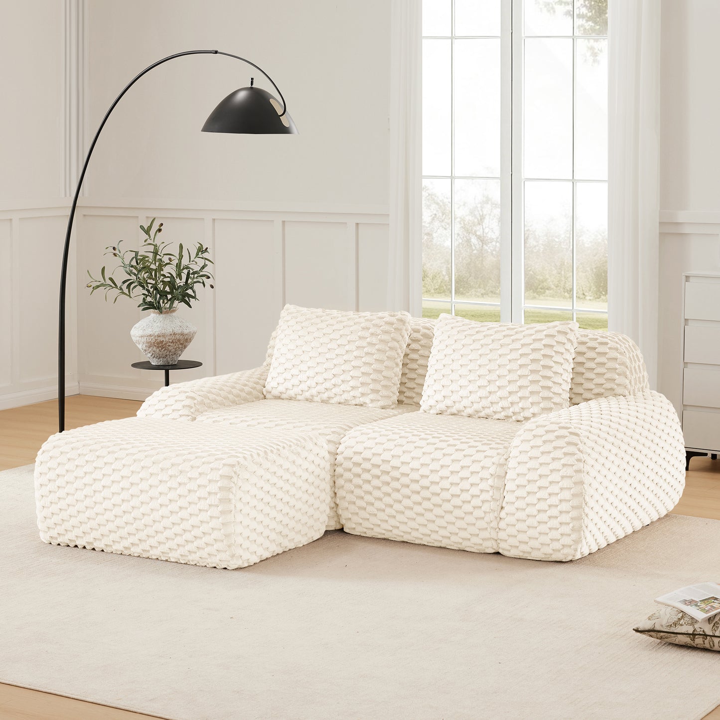Flannelette Compression Sectional — 2/3/4-Seat — Cream / 2-Seat + 1 Ottoman