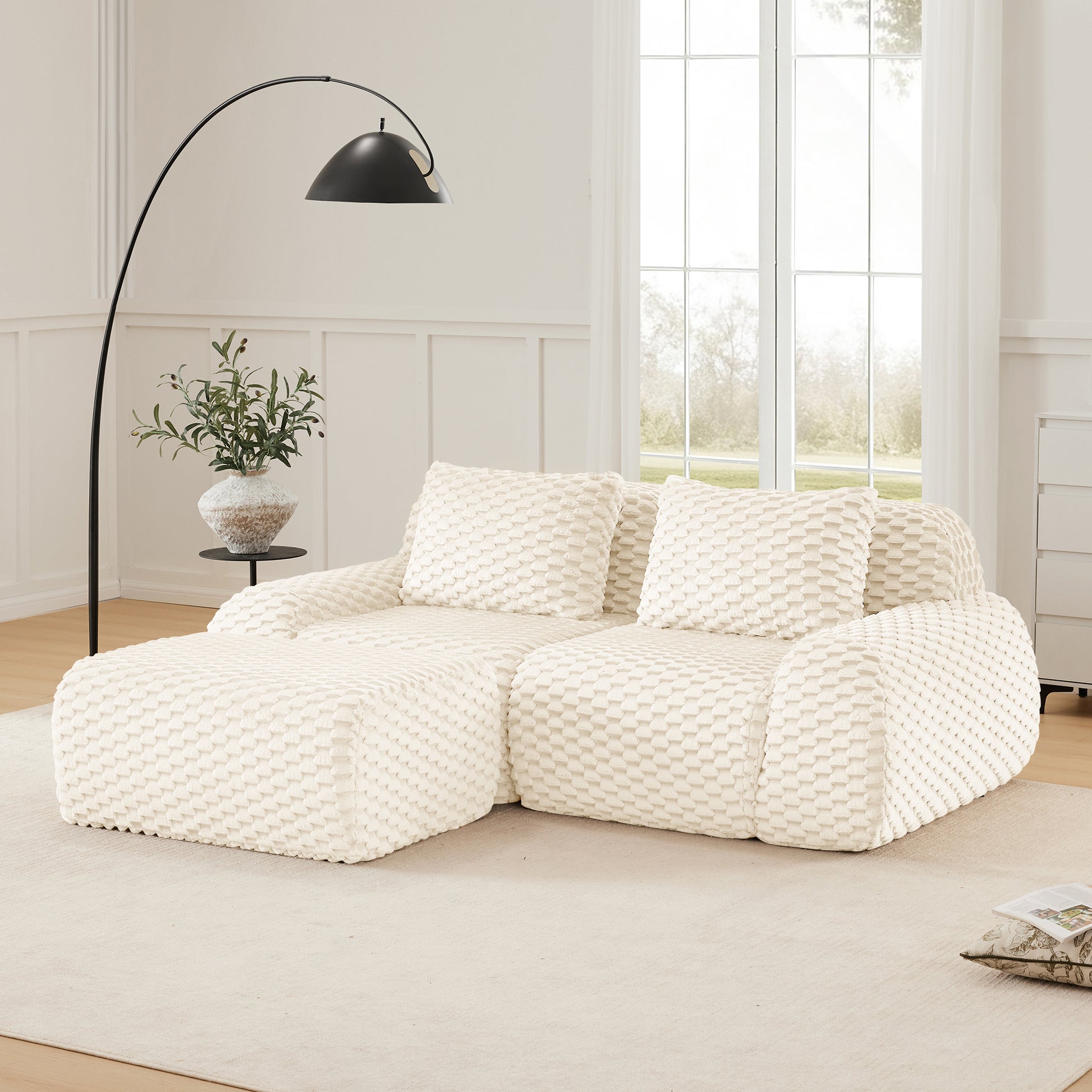 Flannelette Compression Sectional — 2/3/4-Seat — Cream / 2-Seat + 1 Ottoman