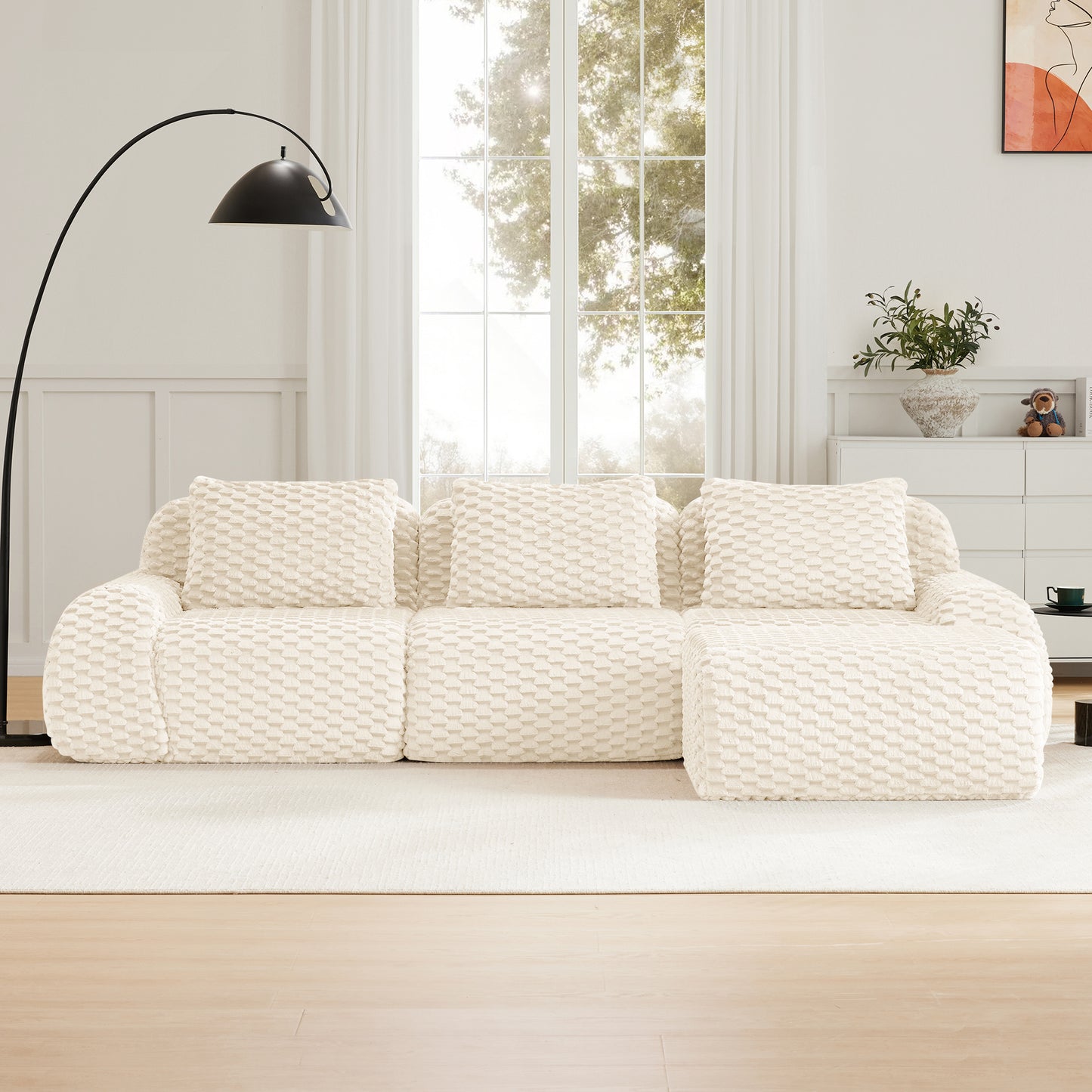 Flannelette Compression Sectional — 2/3/4-Seat — Cream / 3-Seat + 1 Ottoman