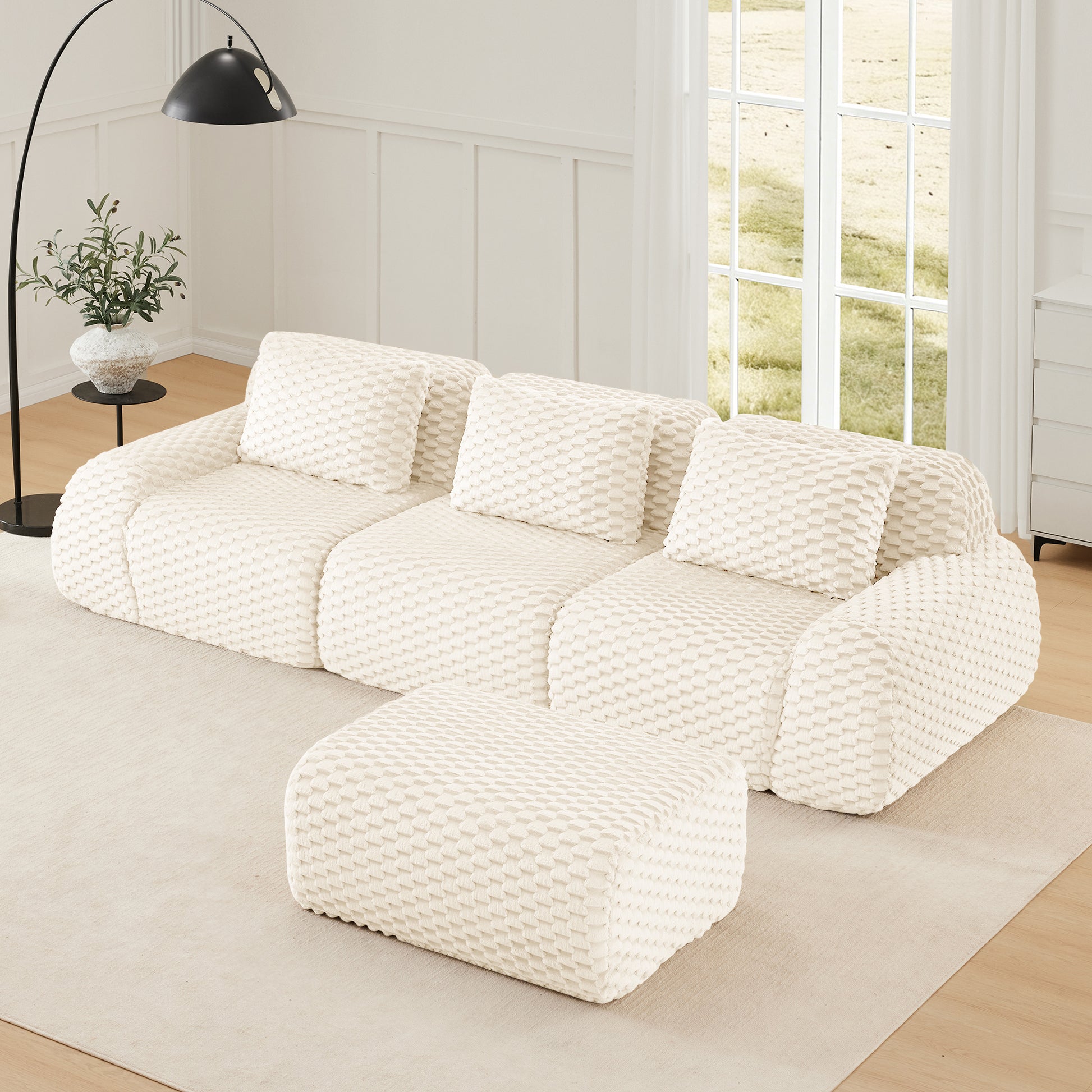 Flannelette Compression Sectional — 2/3/4-Seat — Cream / 3-Seat + 1 Ottoman