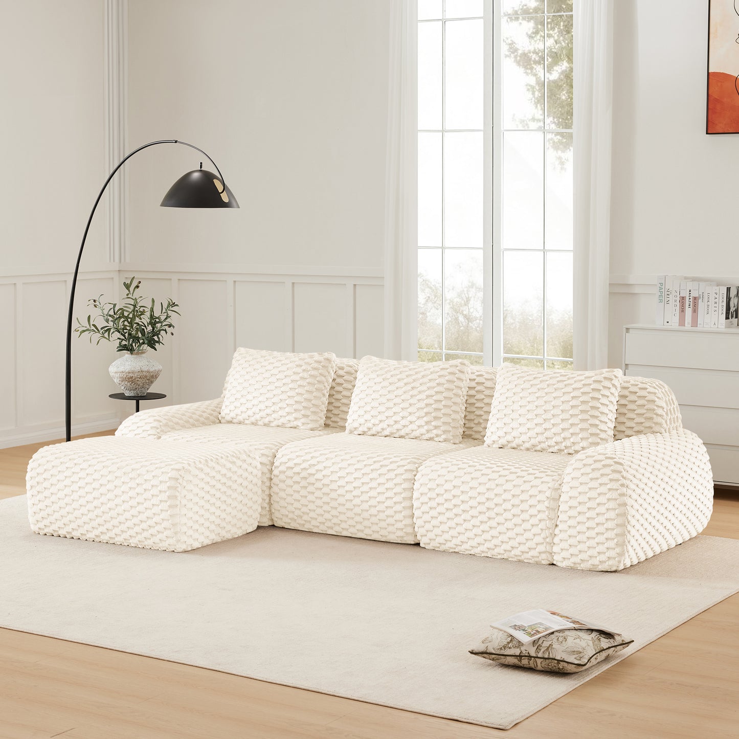 Flannelette Compression Sectional — 2/3/4-Seat — Cream / 3-Seat + 1 Ottoman