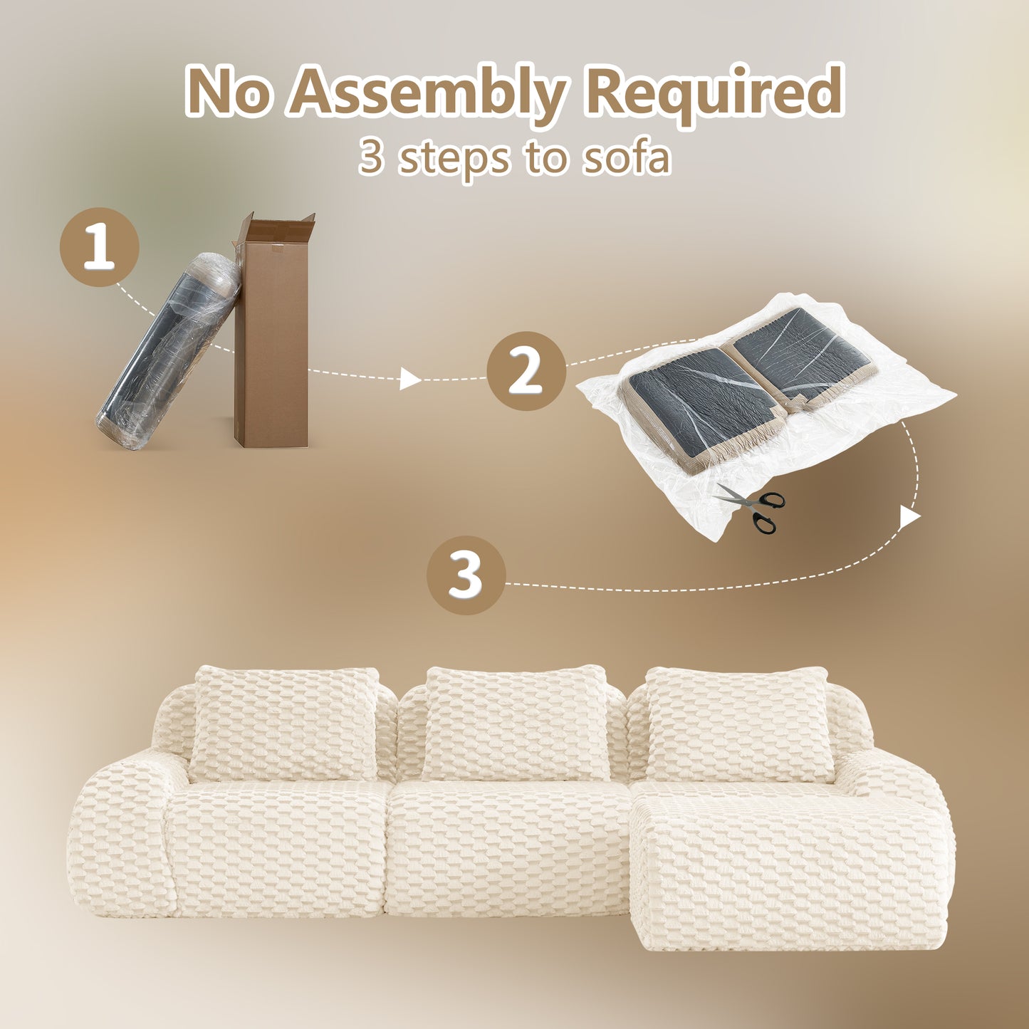 Flannelette Compression Sectional — 2/3/4-Seat — Cream / 3-Seat + 1 Ottoman