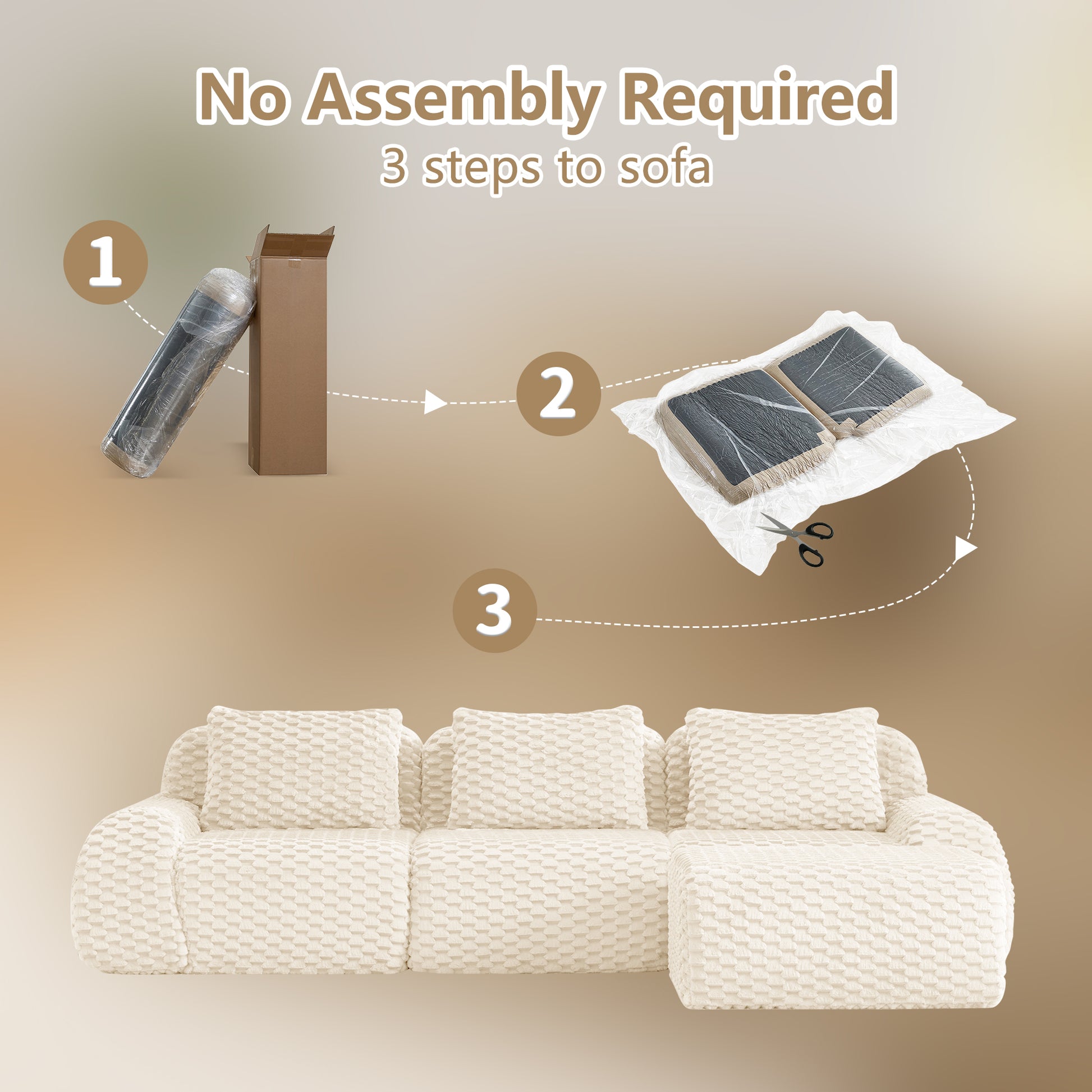 Flannelette Compression Sectional — 2/3/4-Seat — Cream / 3-Seat + 1 Ottoman