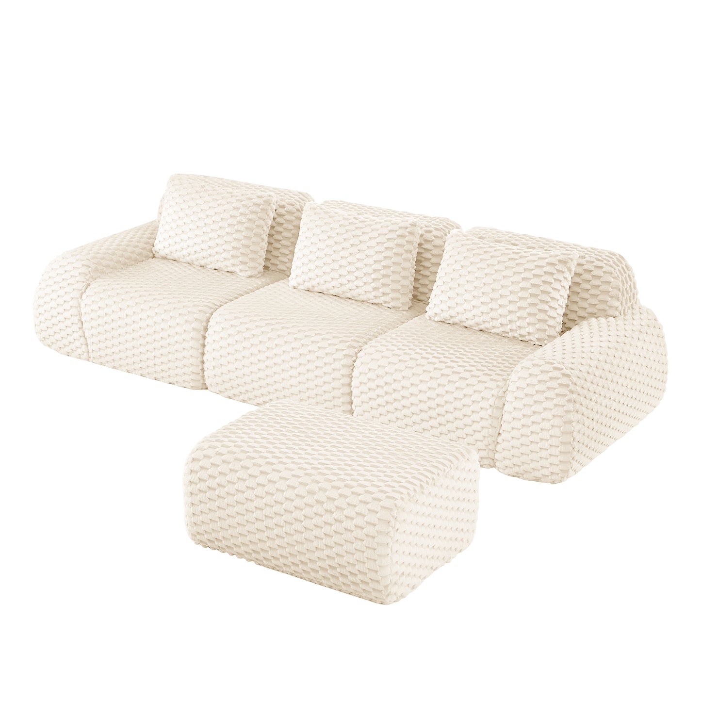 Flannelette Compression Sectional — 2/3/4-Seat — Cream / 3-Seat + 1 Ottoman