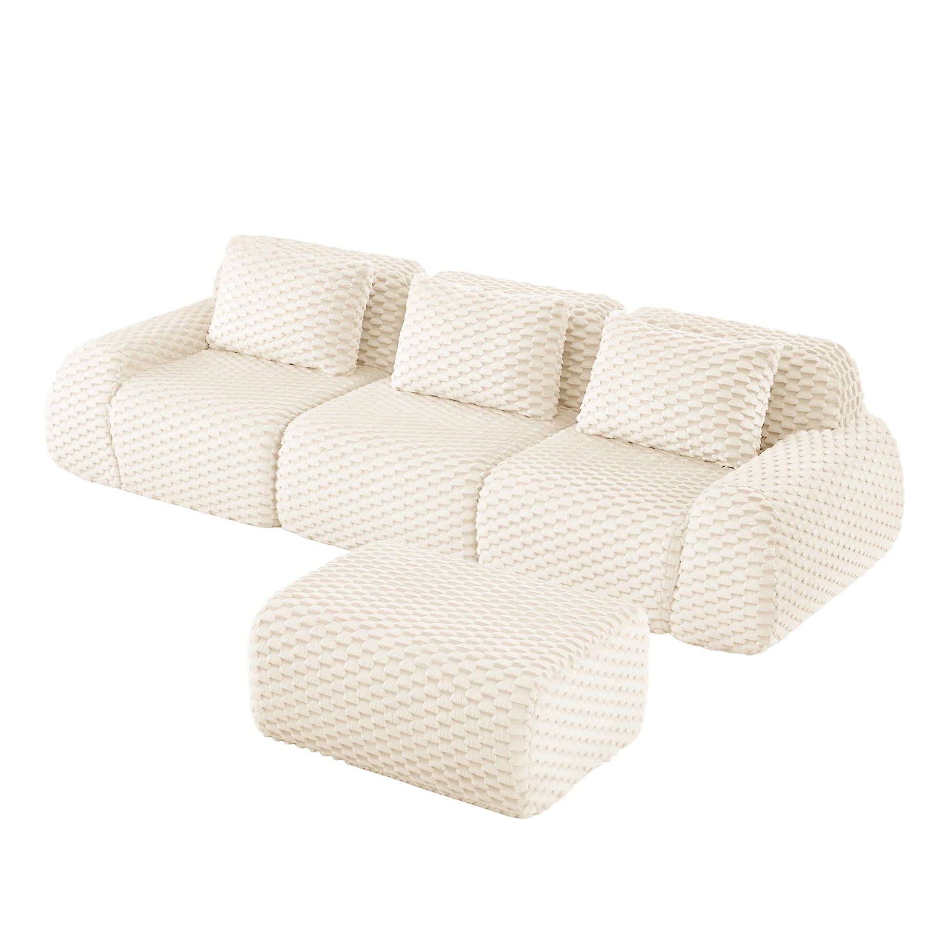 Flannelette Compression Sectional — 2/3/4-Seat — Cream / 3-Seat + 1 Ottoman
