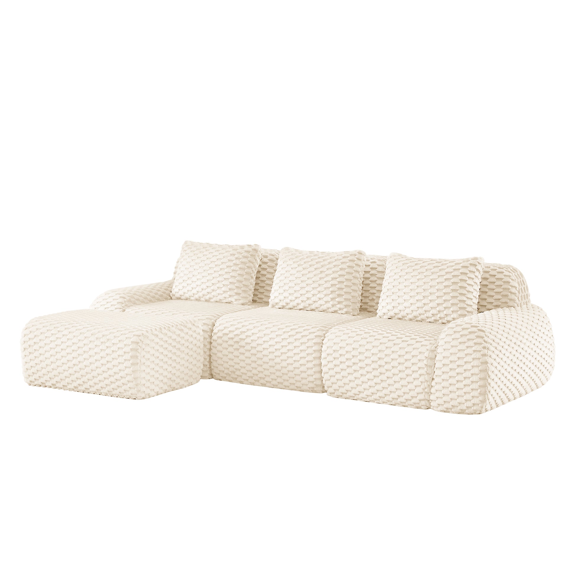 Flannelette Compression Sectional — 2/3/4-Seat — Cream / 3-Seat + 1 Ottoman
