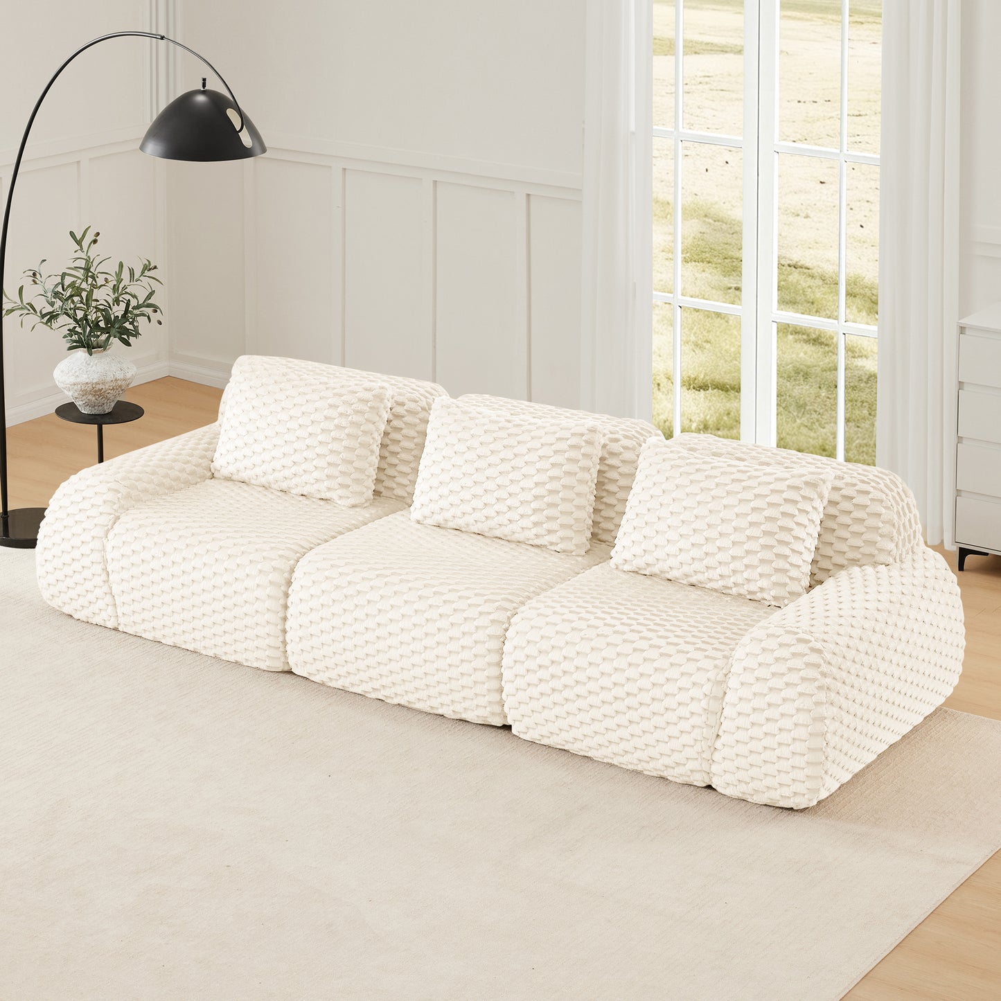 Flannelette Compression Sectional — 2/3/4-Seat — Cream / 3-Seat