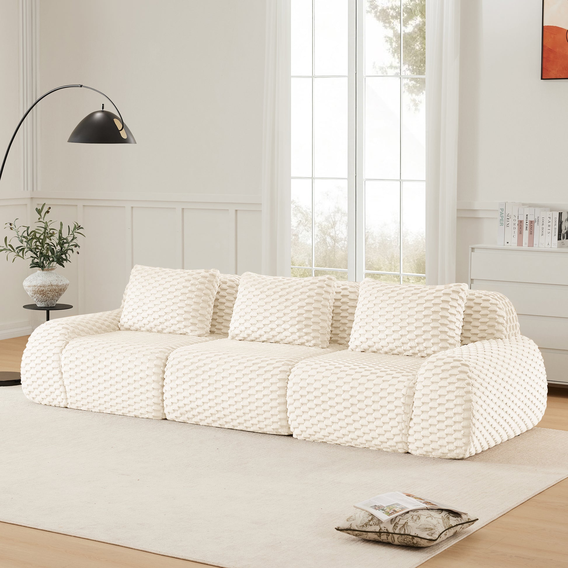 Flannelette Compression Sectional — 2/3/4-Seat — Cream / 3-Seat