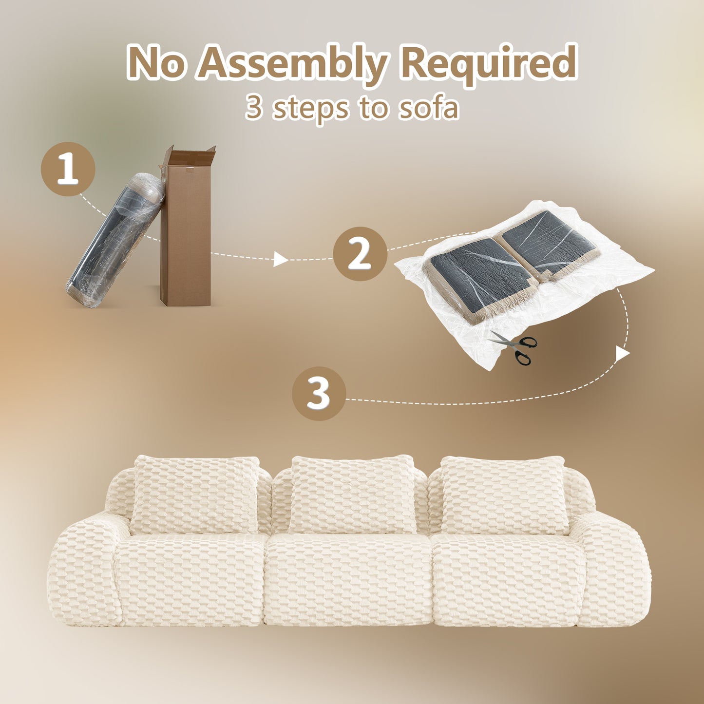 Flannelette Compression Sectional — 2/3/4-Seat — Cream / 3-Seat