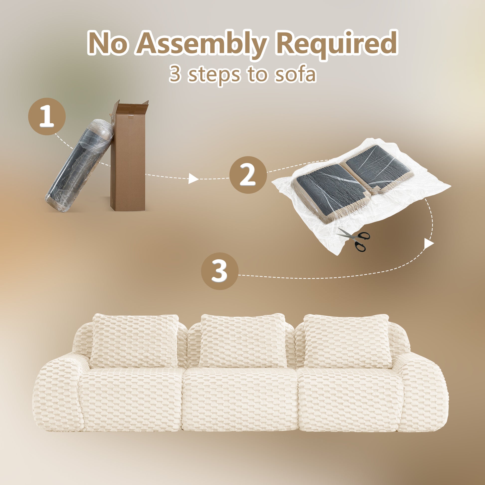 Flannelette Compression Sectional — 2/3/4-Seat — Cream / 3-Seat