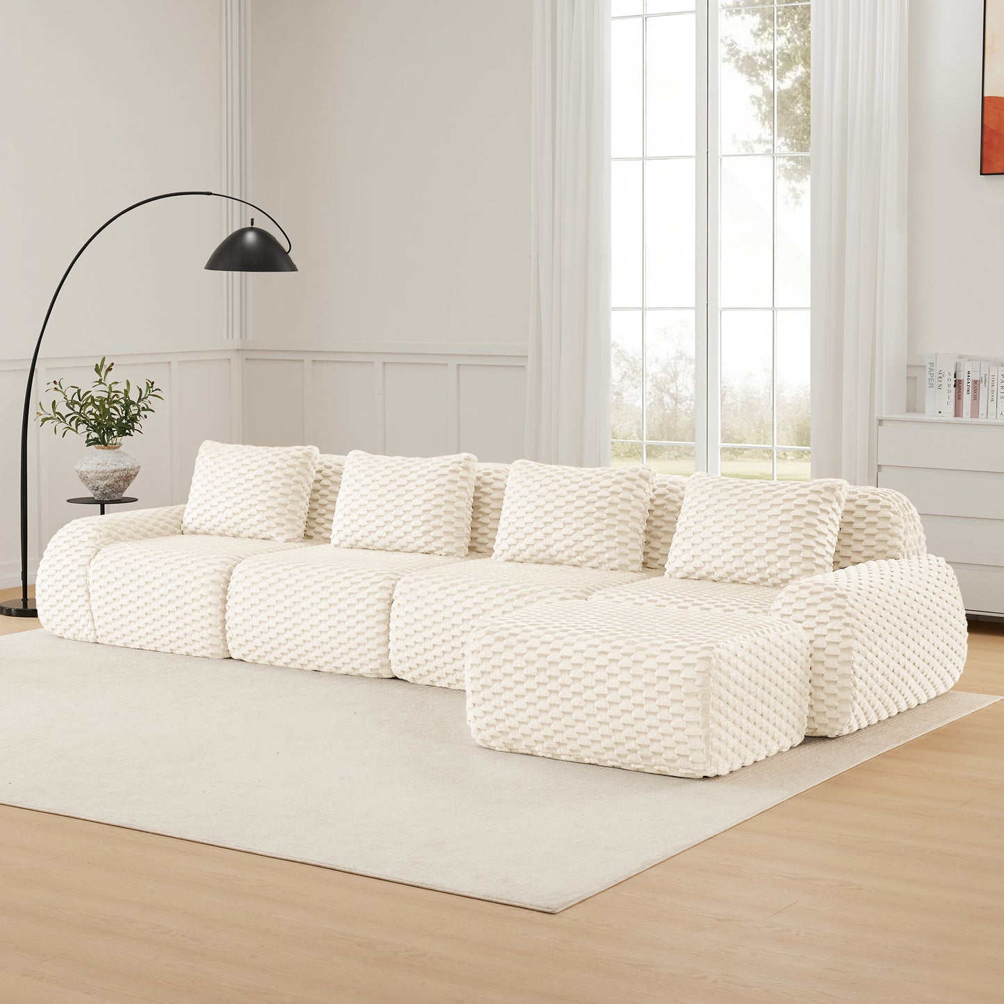 Flannelette Compression Sectional — 2/3/4-Seat — Cream / 4-Seat + 1 Ottoman