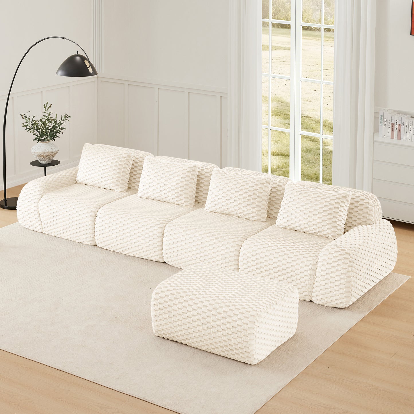 Flannelette Compression Sectional — 2/3/4-Seat — Cream / 4-Seat + 1 Ottoman