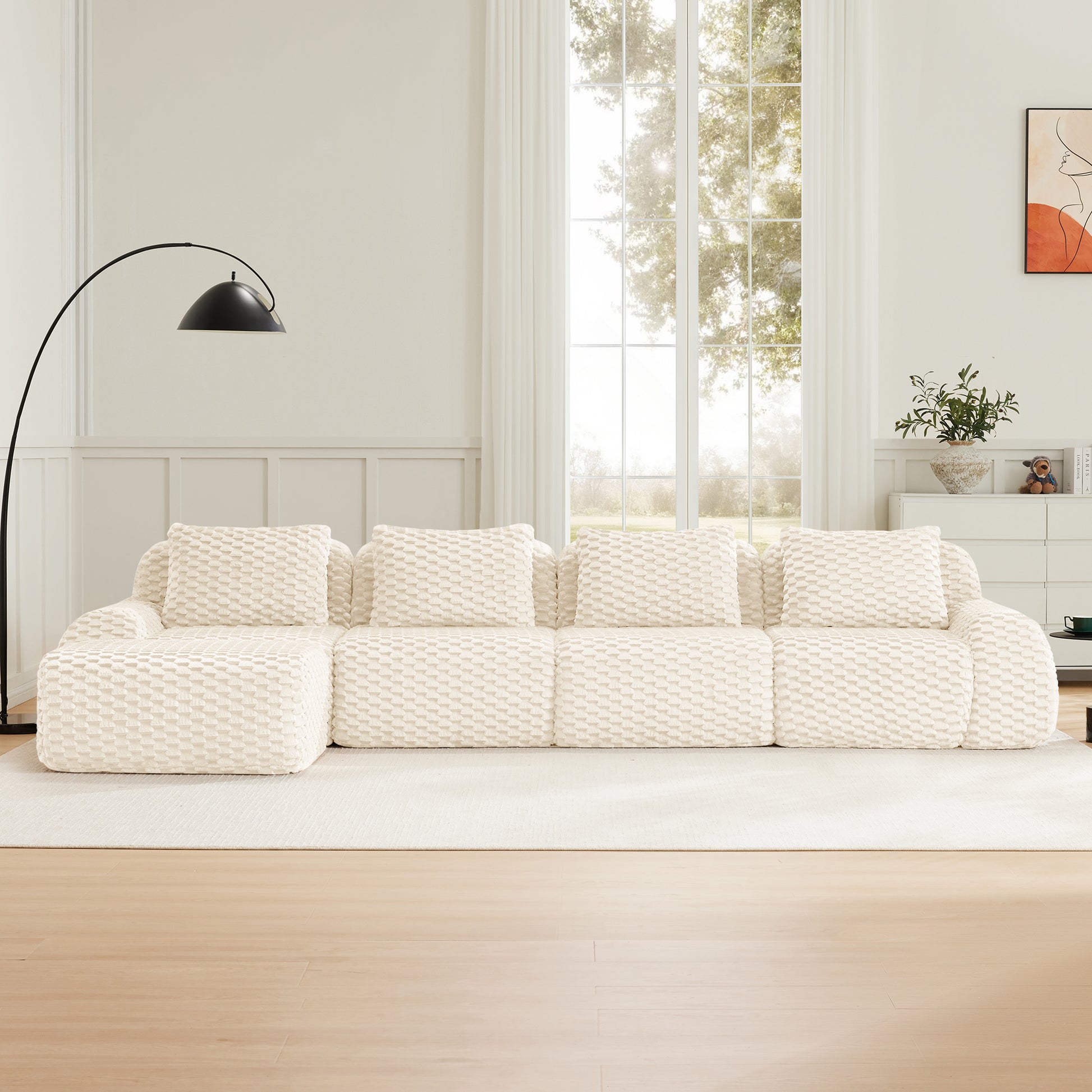 Flannelette Compression Sectional — 2/3/4-Seat — Cream / 4-Seat + 1 Ottoman
