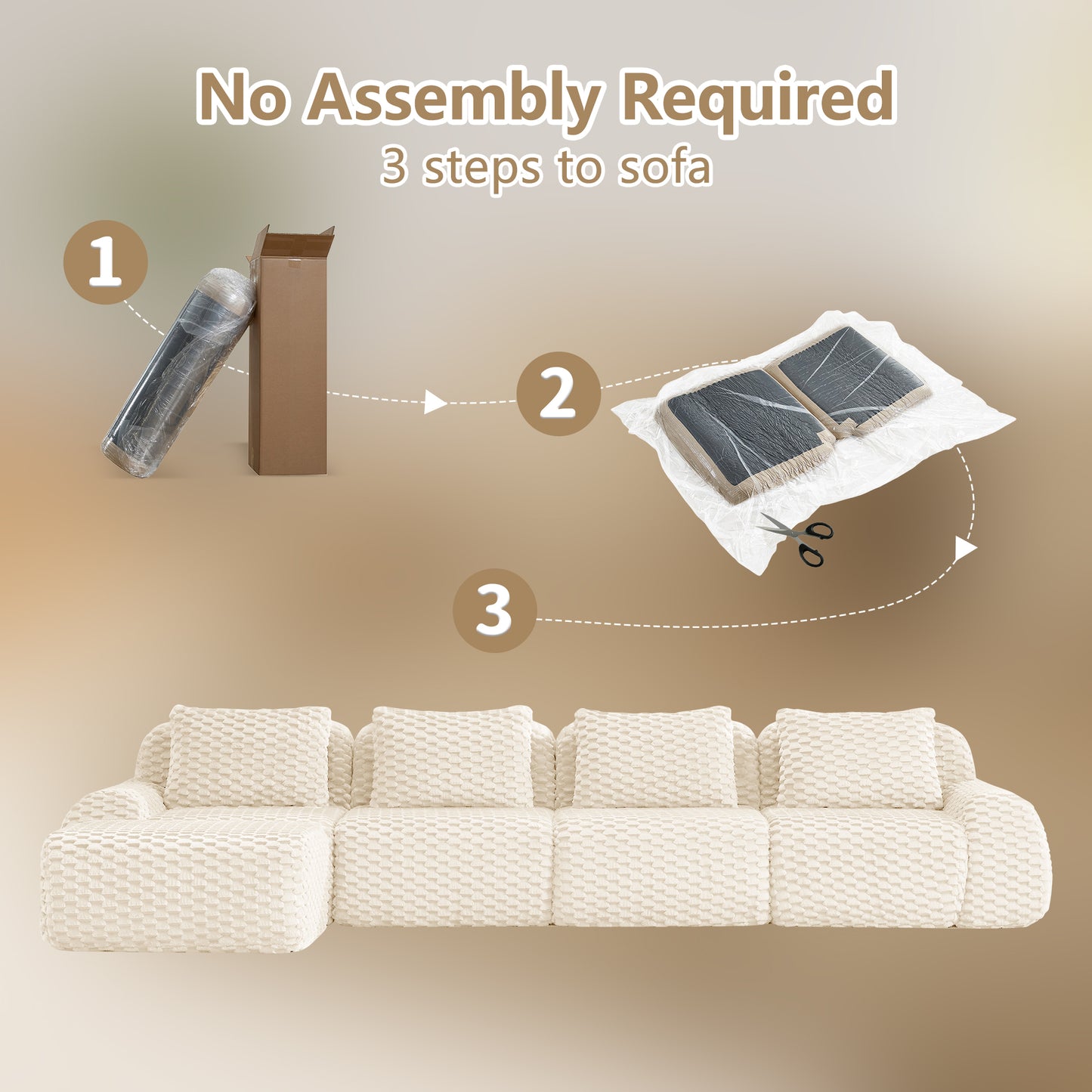 Flannelette Compression Sectional — 2/3/4-Seat — Cream / 4-Seat + 1 Ottoman
