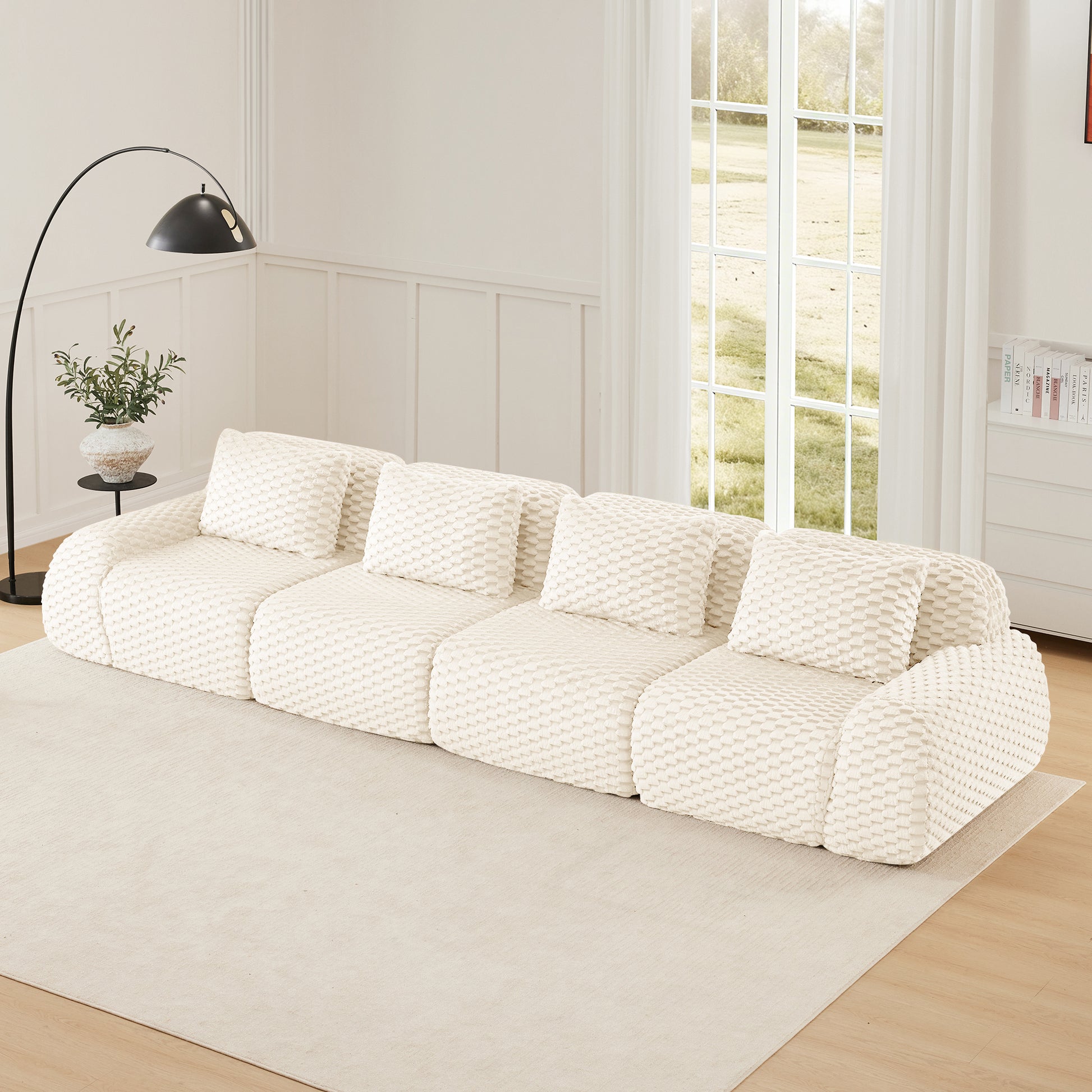 Flannelette Compression Sectional — 2/3/4-Seat — Cream / 4-Seat