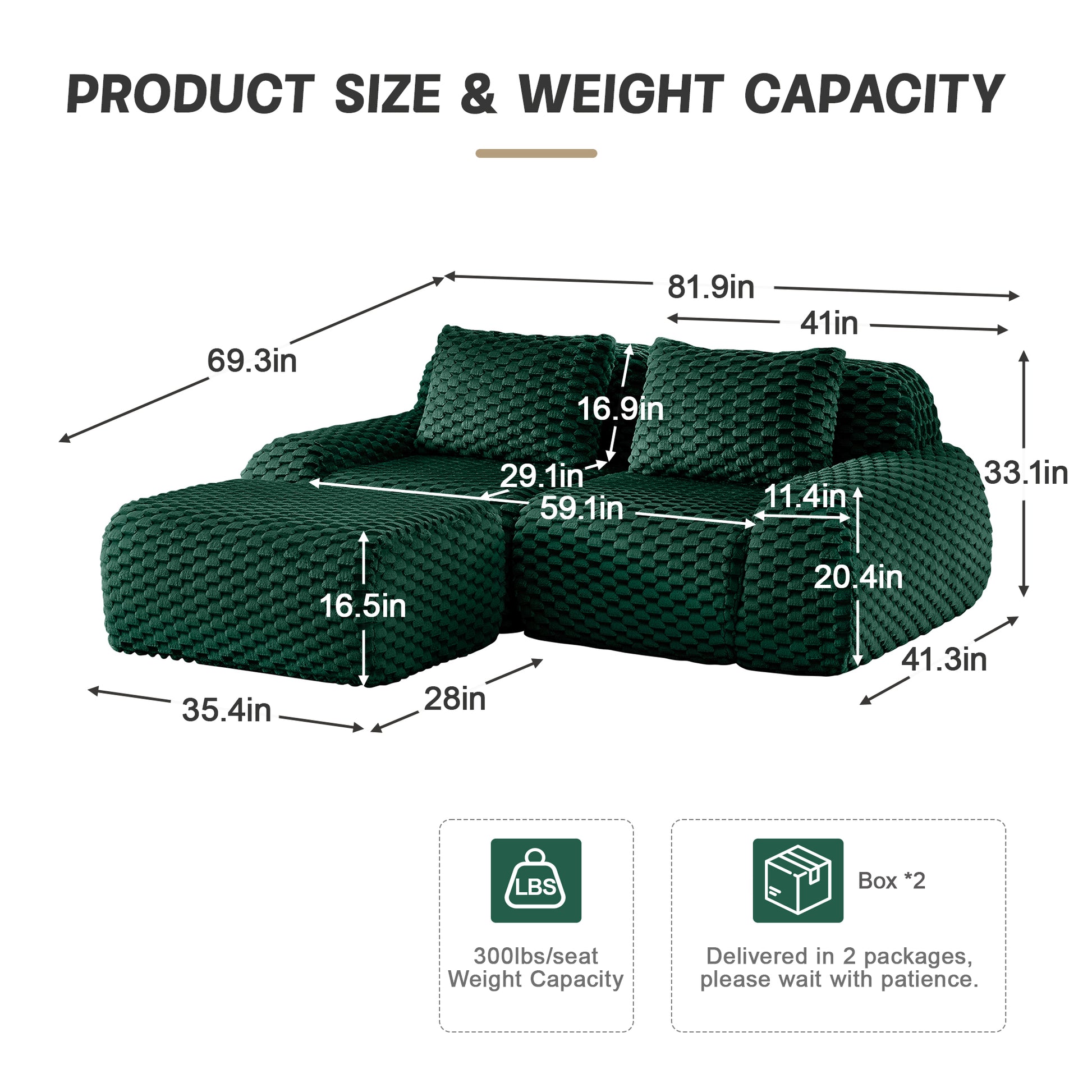 Flannelette Compression Sectional — 2/3/4-Seat — Green / 2-Seat + 1 Ottoman