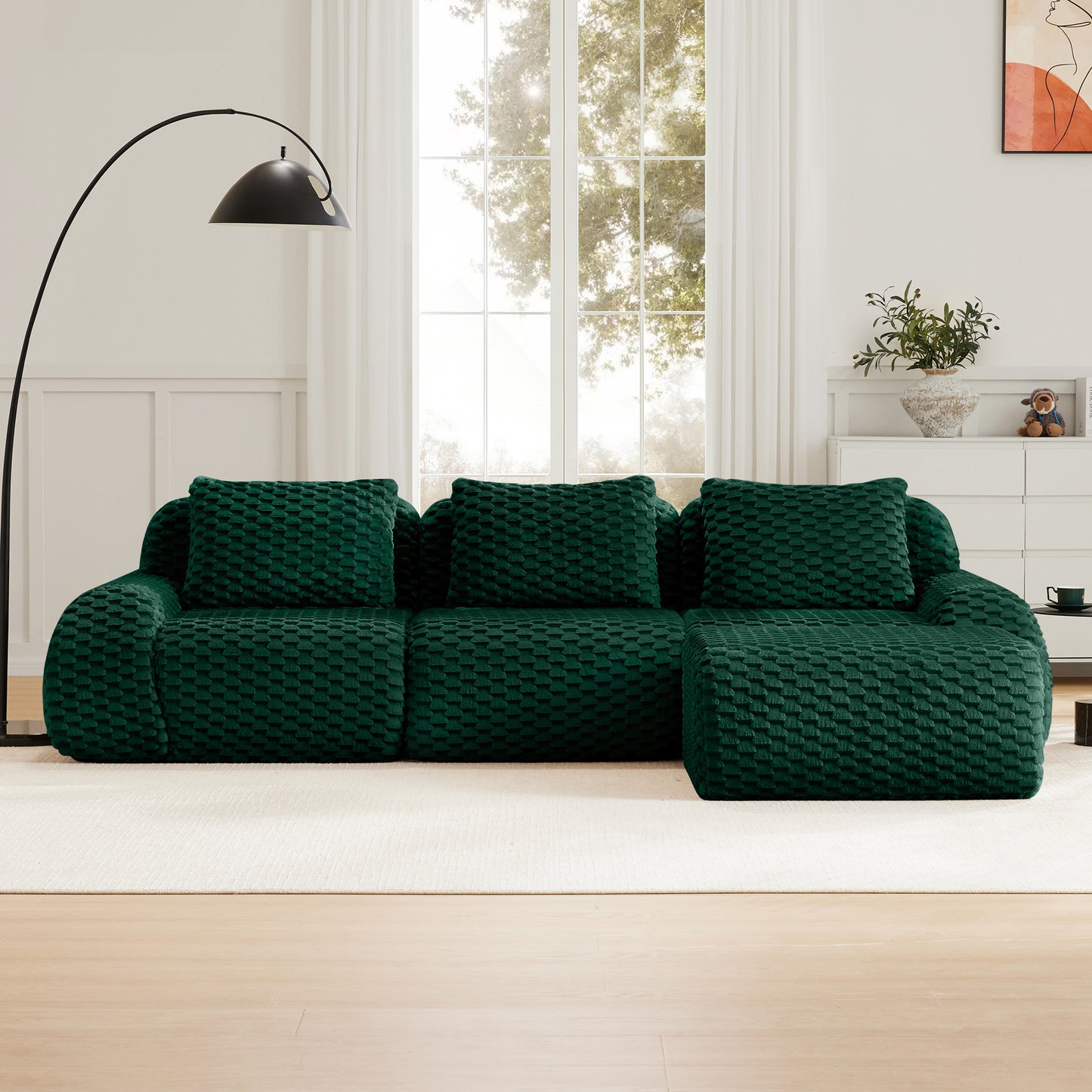 Flannelette Compression Sectional — 2/3/4-Seat — Green / 3-Seat + 1 Ottoman