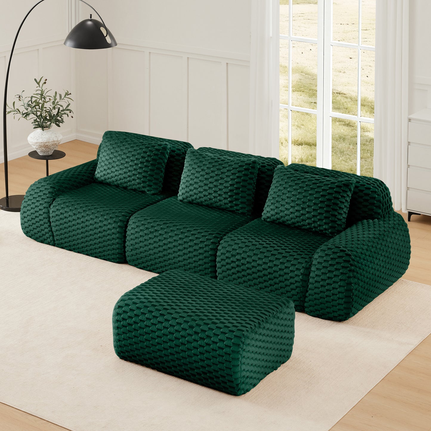 Flannelette Compression Sectional — 2/3/4-Seat — Green / 3-Seat + 1 Ottoman